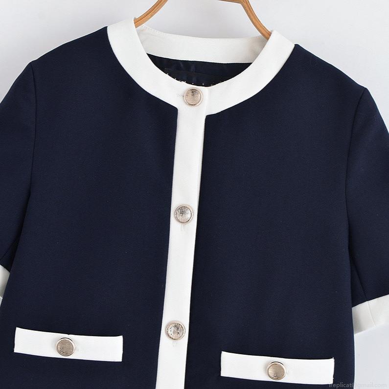 Women Chic Contrast Trim Short Sleeve Round Neck Blazer And Straight Leg Pants Two Piece Set Business Casual Office Suit With Metal Buttons