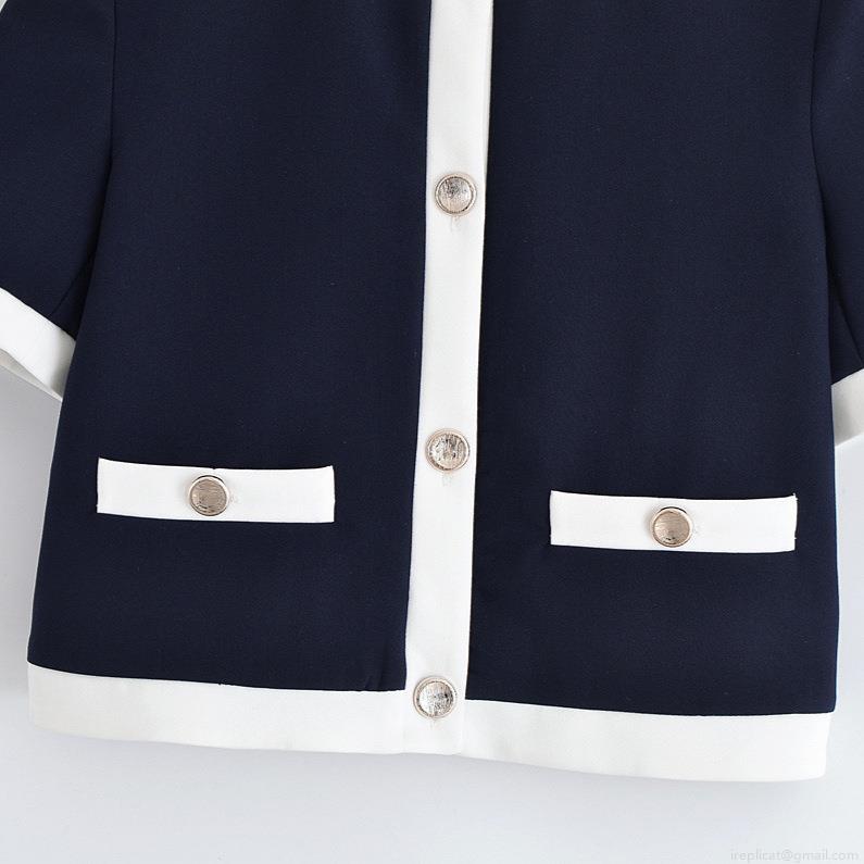 Women Chic Contrast Trim Short Sleeve Round Neck Blazer And Straight Leg Pants Two Piece Set Business Casual Office Suit With Metal Buttons