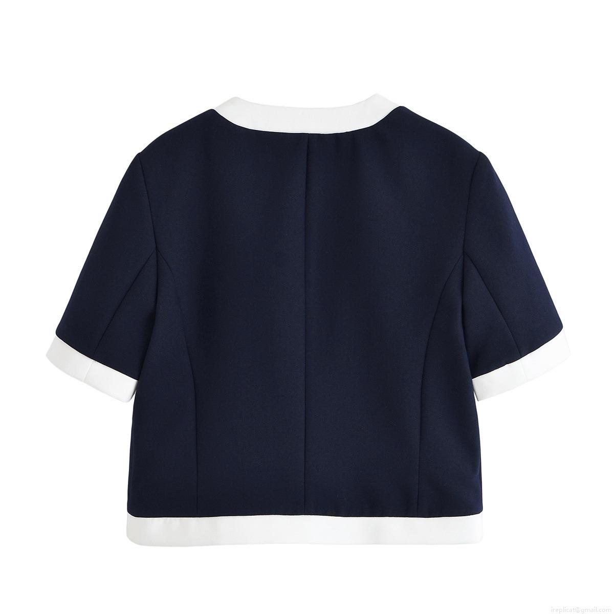 Women Chic Contrast Trim Short Sleeve Round Neck Blazer And Straight Leg Pants Two Piece Set Business Casual Office Suit With Metal Buttons