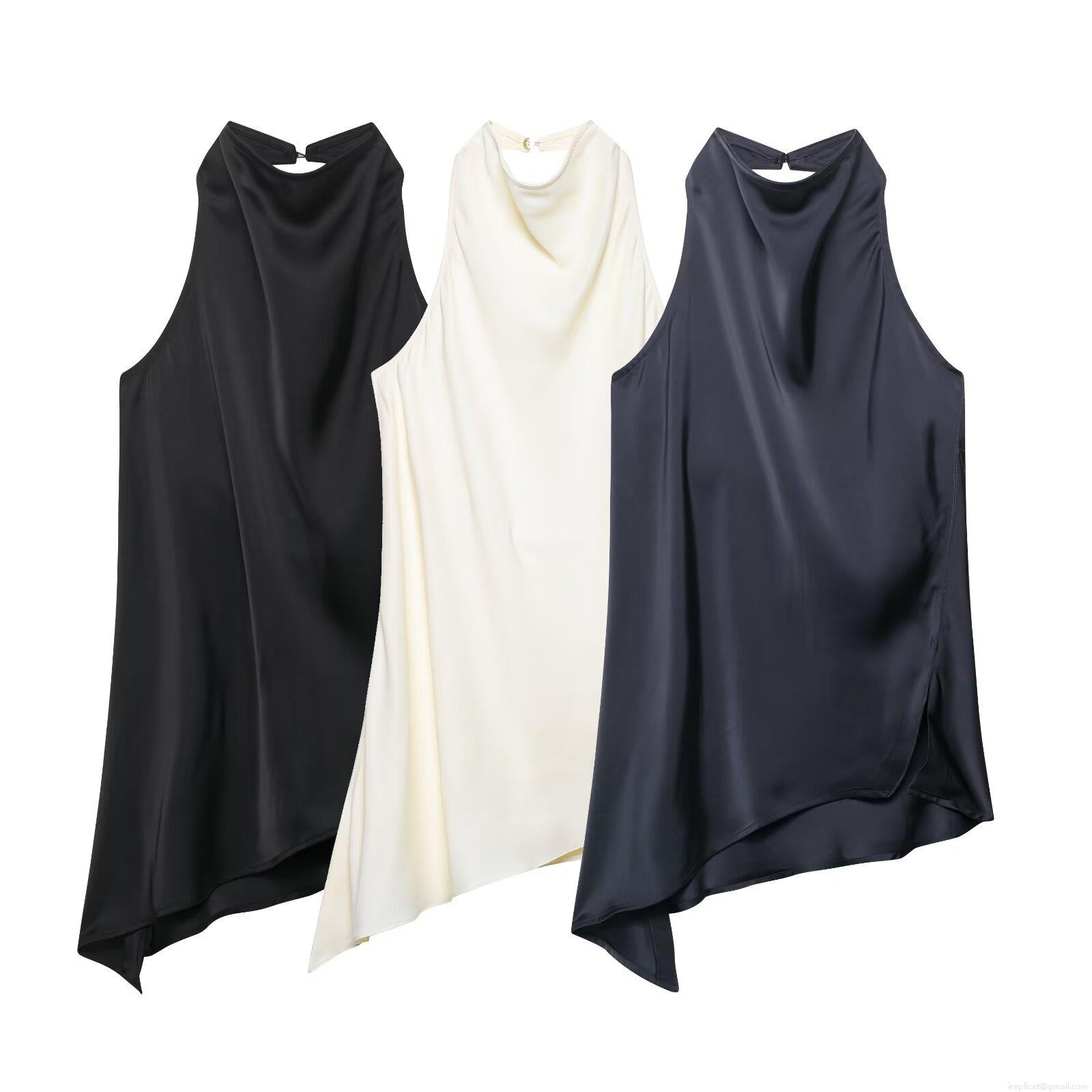 Women's Satin Halter Neck Top and Wide Leg Pants Set 100% Polyester Silk Texture Irregular Hem Sleeveless Top Drawstring Wide Leg Trousers Summer Casual Party Outfit Women's Satin Halter Neck Top and Wide Leg Pants Set 100% Polyester Silk Texture Irregular Hem Sleeveless Top Drawstring Wide Leg Trousers Summer Casual Party Outfit