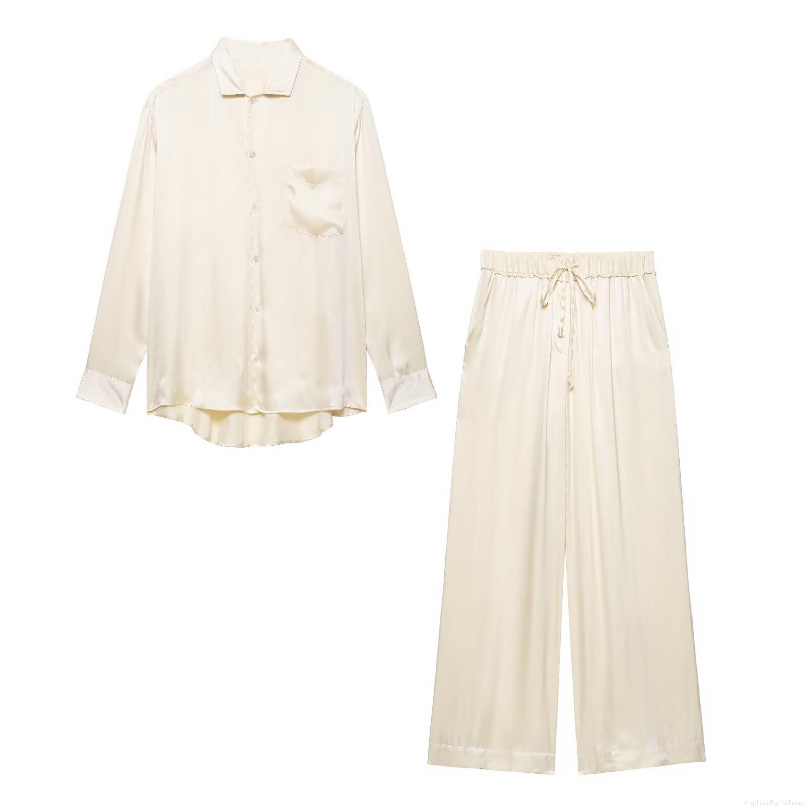 Women's Elegant Satin Shirt And Wide Leg Pants Set Casual Long Sleeve Button Down Blouse High Waist Drawstring Trousers Solid Color Loungewear Suit For Women Women's Elegant Satin Shirt And Wide Leg Pants Set Casual Long Sleeve Button Down Blouse High Waist Drawstring Trousers Solid Color Loungewear Suit For Women