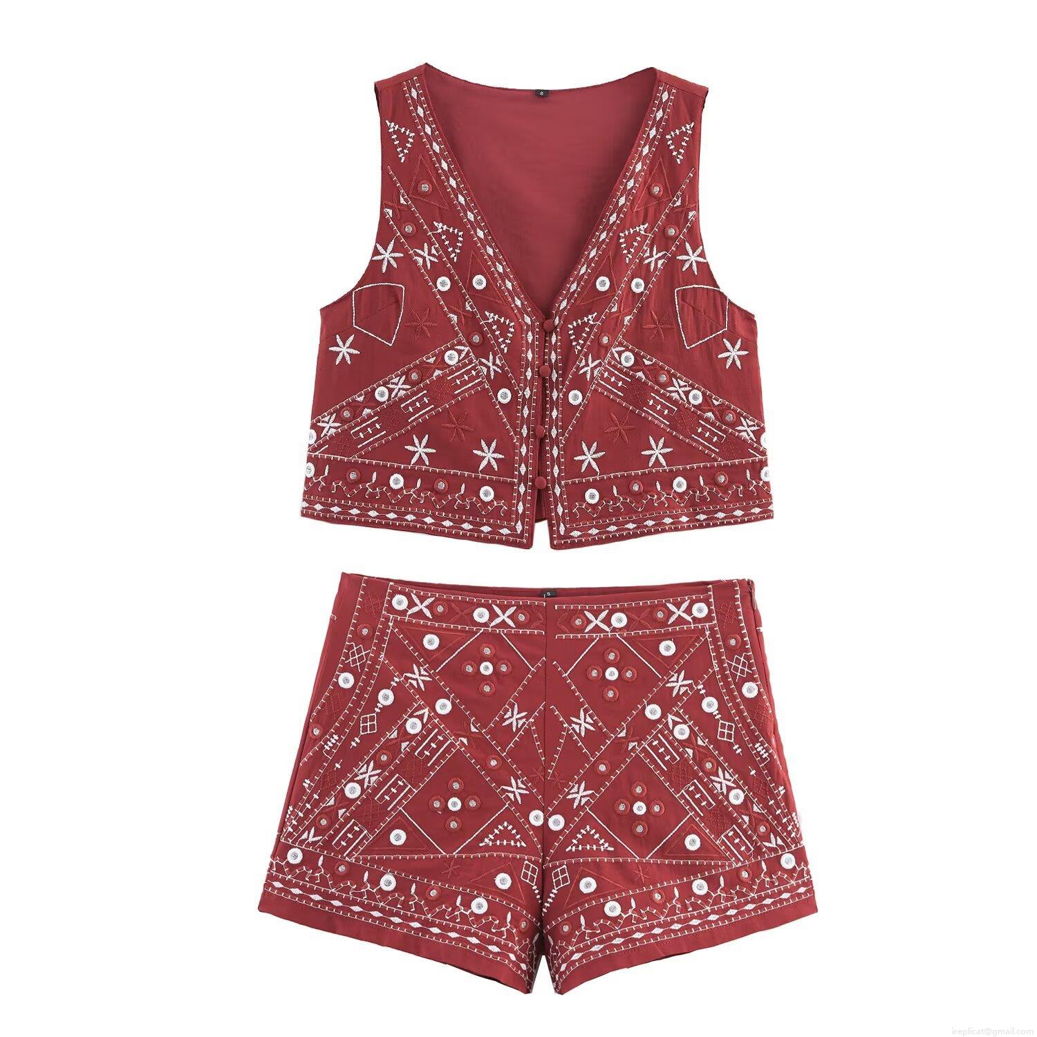 Women's Ethnic Embroidery Two-Piece Set Cotton Blend V-Neck Vest And High Waist Shorts Boho Style Summer Casual Outfit For Vacation Women's Ethnic Embroidery Two-Piece Set Cotton Blend V-Neck Vest And High Waist Shorts Boho Style Summer Casual Outfit For Vacation