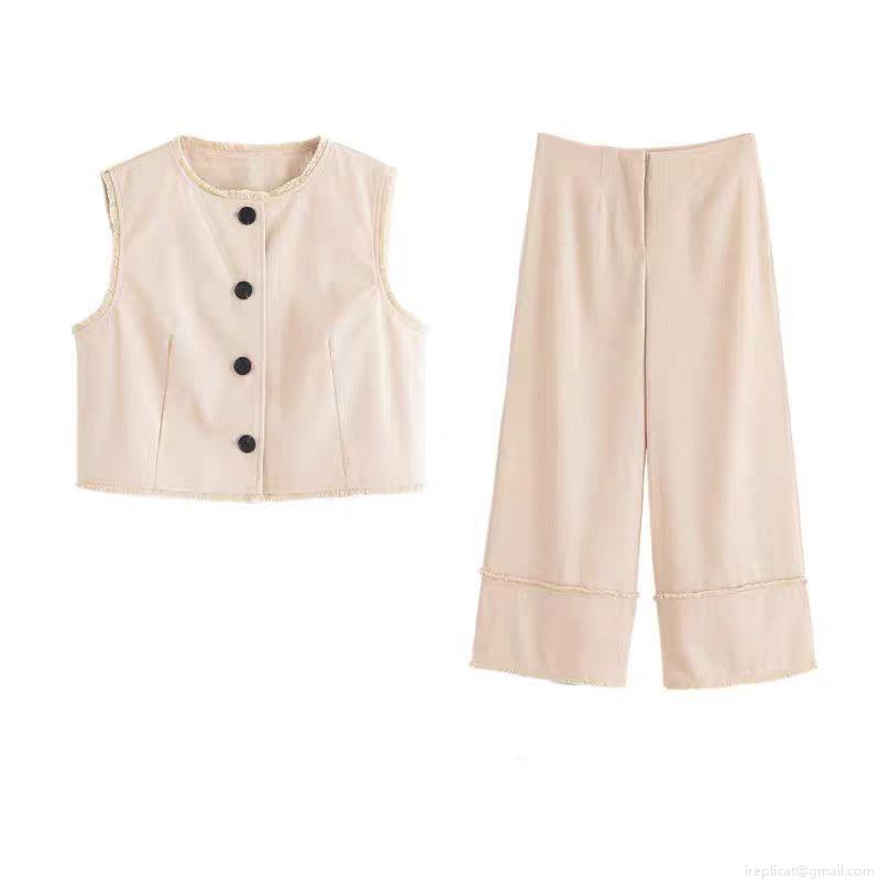 Women's Casual Sleeveless Vest and Wide Leg Pants Set Polyester Spandex Blend Fringed Raw Edge Waistcoat Loose Trousers Summer Co-ords For Women Women's Casual Sleeveless Vest and Wide Leg Pants Set Polyester Spandex Blend Fringed Raw Edge Waistcoat Loose Trousers Summer Co-ords For Women