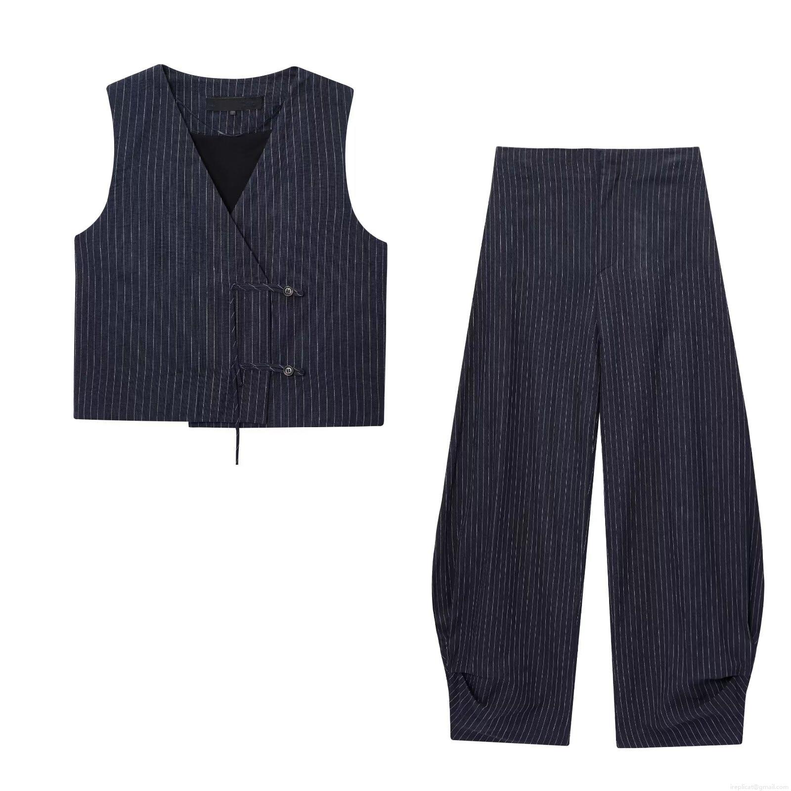 Women's Navy Blue Striped Vest and Wide Leg Pants Two Piece Set Elegant Sleeveless Top and High Waist Trousers Commuter Outfits Women's Navy Blue Striped Vest and Wide Leg Pants Two Piece Set Elegant Sleeveless Top and High Waist Trousers Commuter Outfits