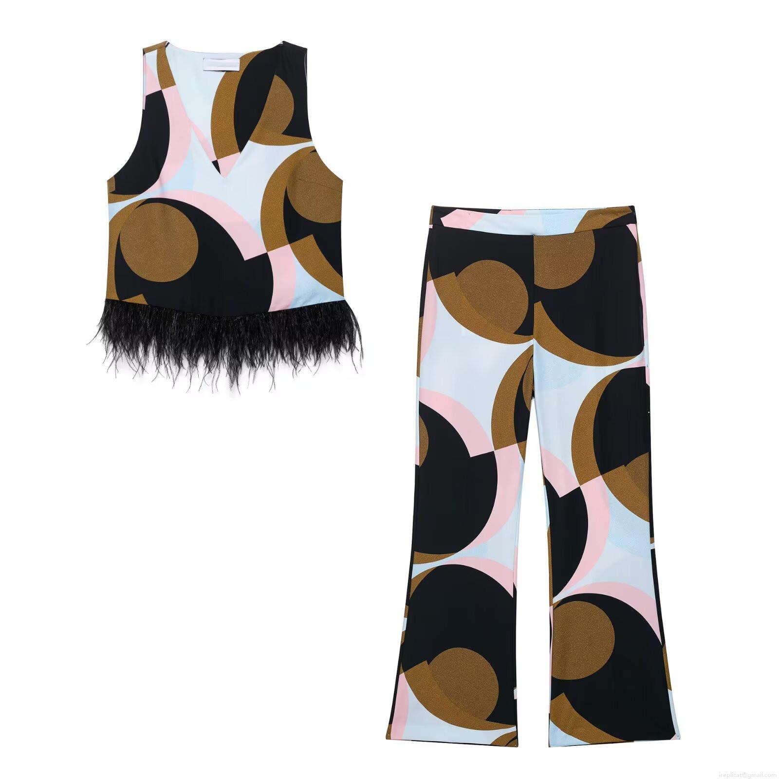 Women's Two-Piece Outfit Set Geometric Print Sleeveless V-Neck Top with Feather Tassel Hem and High Waist Wide Leg Flare Pants for Summer Vacation Party Outfit Women's Two-Piece Outfit Set Geometric Print Sleeveless V-Neck Top with Feather Tassel Hem and High Waist Wide Leg Flare Pants for Summer Vacation Party Outfit