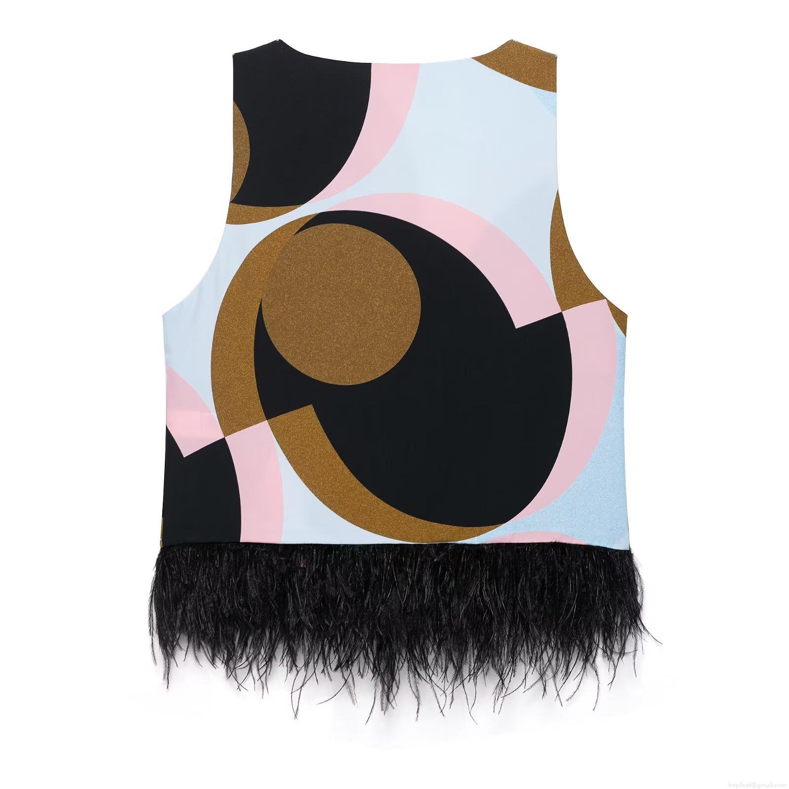 Women\'s Two-Piece Outfit Set Geometric Print Sleeveless V-Neck Top with Feather Tassel Hem and High Waist Wide Leg Flare Pants for Summer Vacation Party Outfit