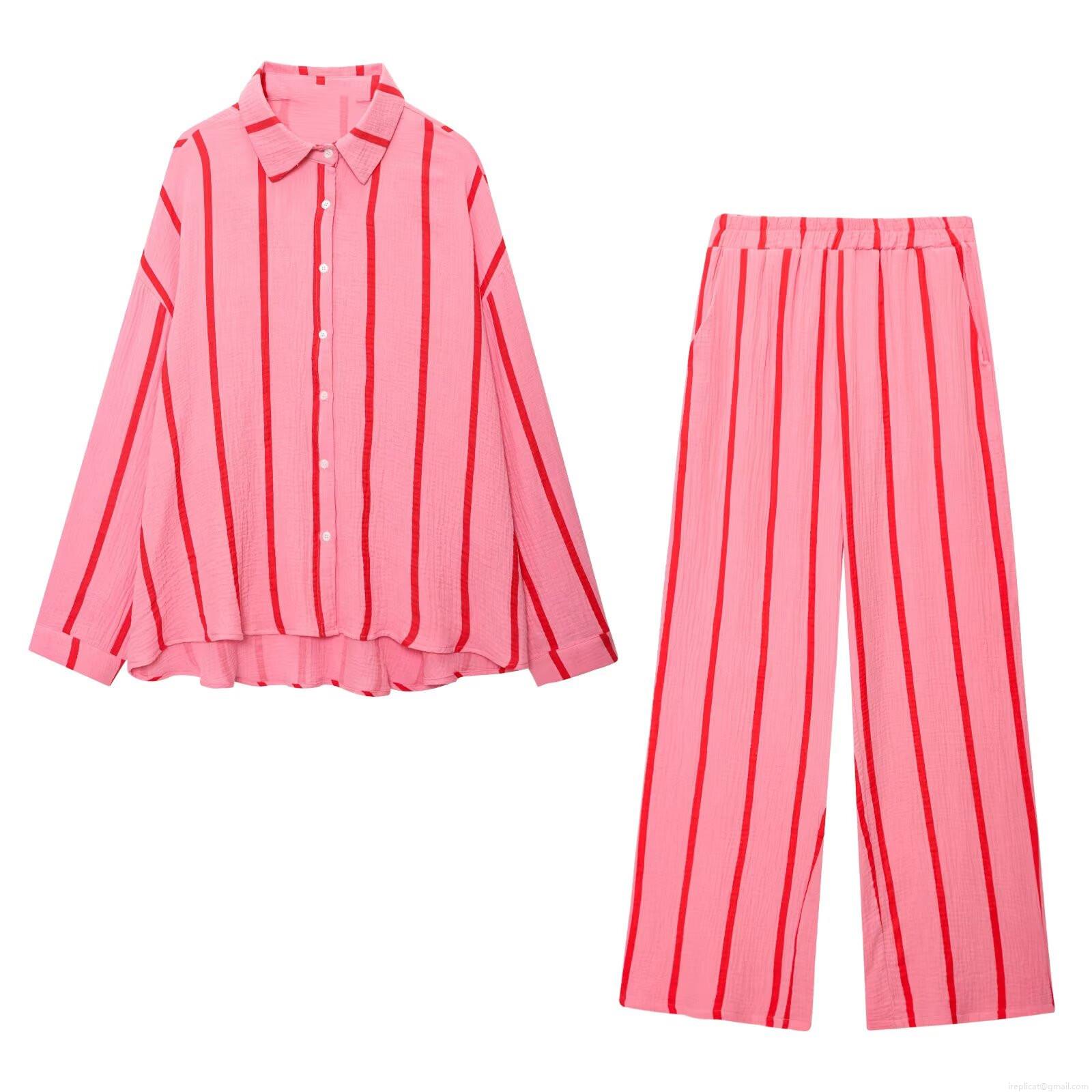 Women Casual Stripe Two Piece Set Lapel Long Sleeve Shirt And Wide Leg Pants Set Loose Crinkle Seersucker Fabric Loungewear Outfit For Women Women Casual Stripe Two Piece Set Lapel Long Sleeve Shirt And Wide Leg Pants Set Loose Crinkle Seersucker Fabric Loungewear Outfit For Women