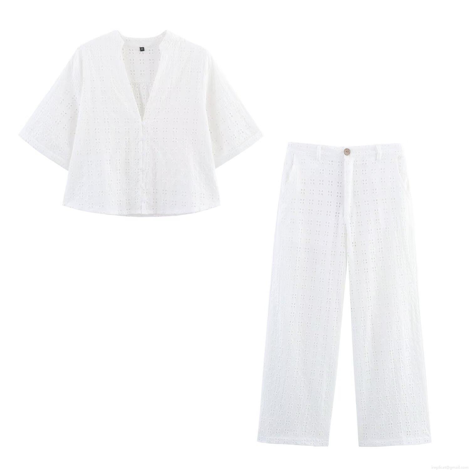Women's Two Piece Set Elegant Cotton Blend Eyelet Embroidery V Neck Short Sleeve Button Down Shirt And High Waist Wide Leg Pants Summer Casual Sweet Outfits For Women Women's Two Piece Set Elegant Cotton Blend Eyelet Embroidery V Neck Short Sleeve Button Down Shirt And High Waist Wide Leg Pants Summer Casual Sweet Outfits For Women