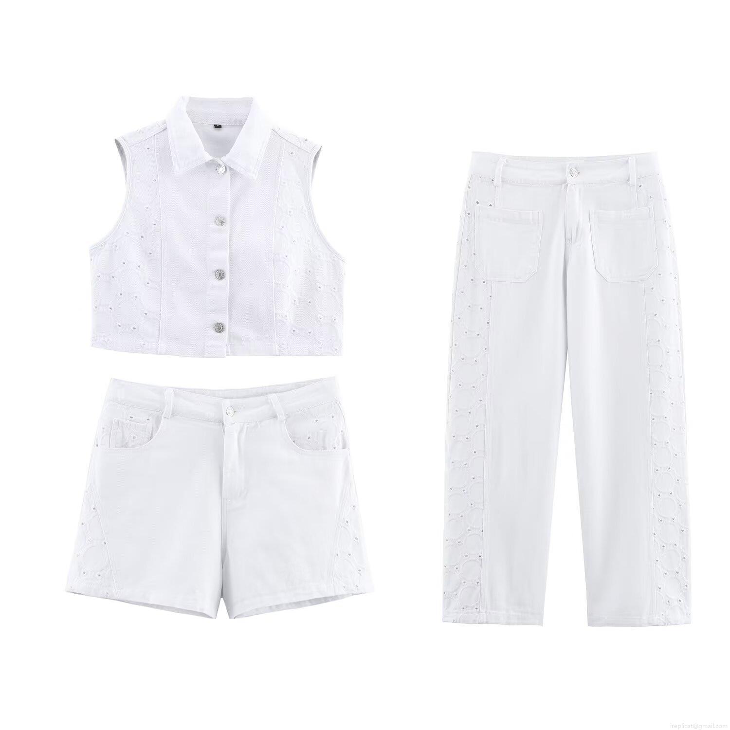 Women White Denim Three-Piece Set Eyelet Embroidery Sleeveless Vest Top High Waisted Shorts And Straight Leg Pants Casual Summer Vacation Outfit For Women Women White Denim Three-Piece Set Eyelet Embroidery Sleeveless Vest Top High Waisted Shorts And Straight Leg Pants Casual Summer Vacation Outfit For Women