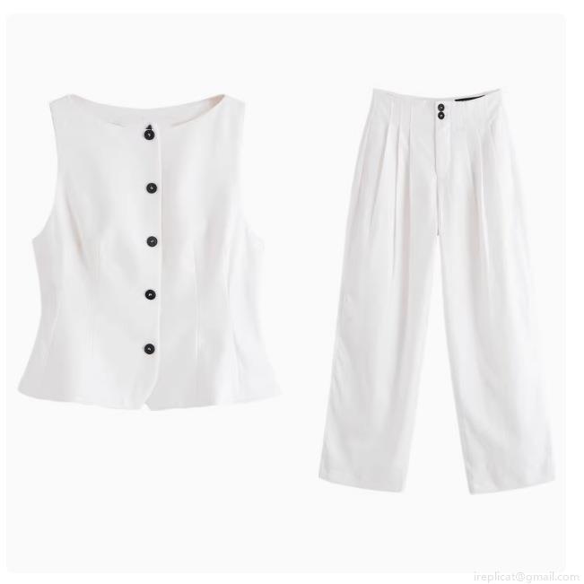 Women Summer White Two Piece Suit Set Sleeveless Vest Peplum Top With Contrast Buttons And High Waisted Wide Leg Pleated Pants Office Lady Elegant Outfit Women Summer White Two Piece Suit Set Sleeveless Vest Peplum Top With Contrast Buttons And High Waisted Wide Leg Pleated Pants Office Lady Elegant Outfit