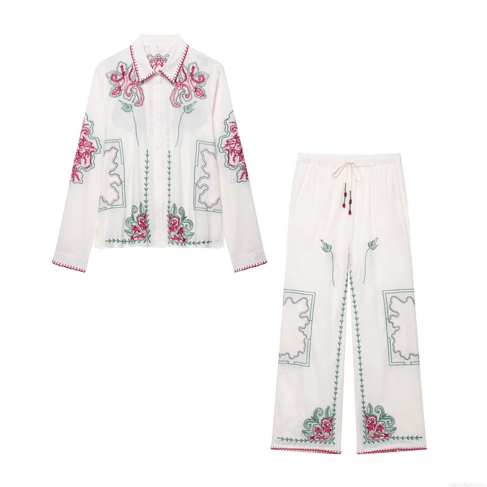 Women's 2-Piece Outfit Set Heavy Floral Embroidery Long Sleeve Button Down Shirt And Wide Leg Drawstring Pants Casual Bohemian Vacation Style Polyester Clothing Set For Women Women's 2-Piece Outfit Set Heavy Floral Embroidery Long Sleeve Button Down Shirt And Wide Leg Drawstring Pants Casual Bohemian Vacation Style Polyester Clothing Set For Women