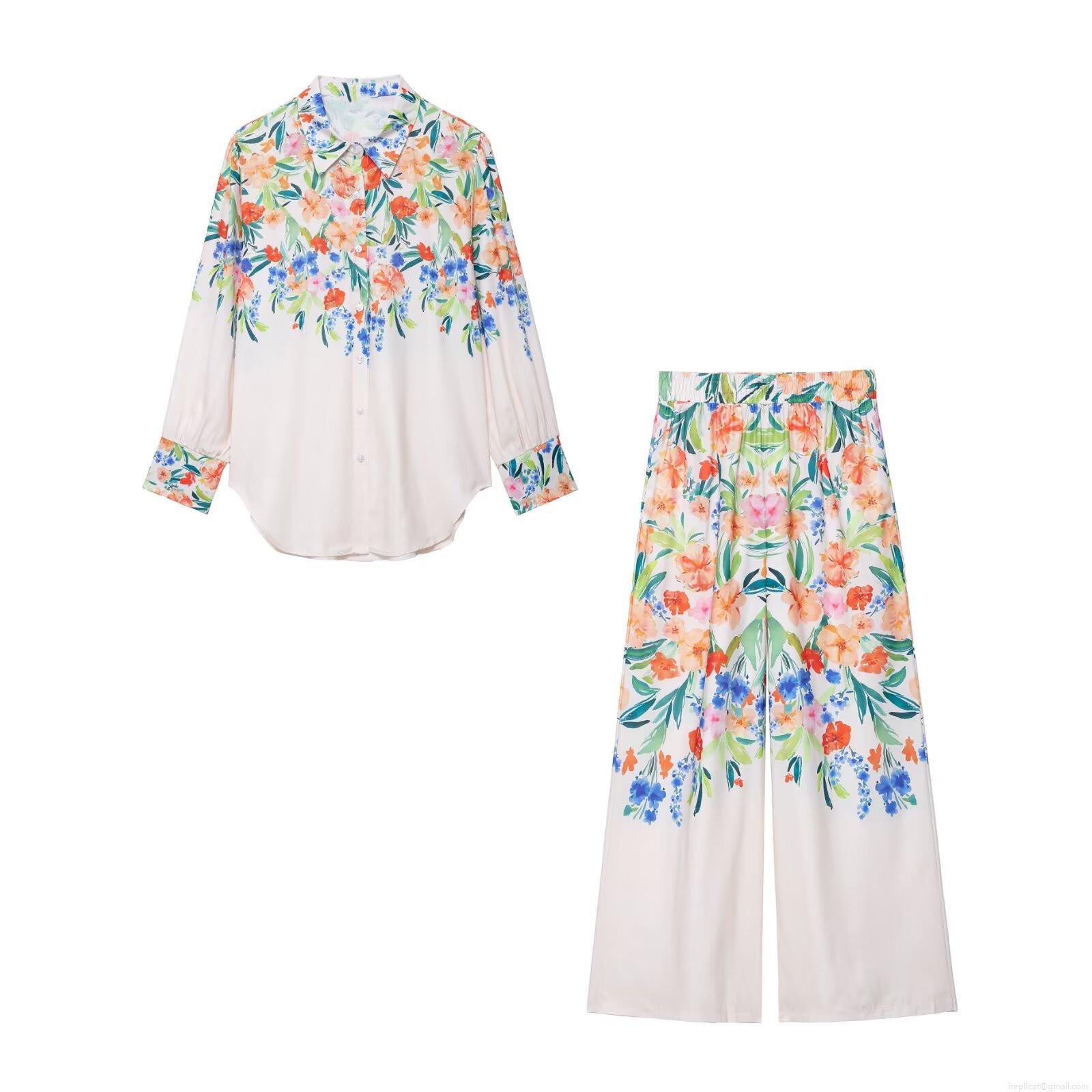 Women's Floral Print Cotton Linen Long Sleeve Button Up Shirt And Elastic Waist Wide Leg Pants Two Piece Casual Vacation Suit For Summer Fashion Women's Floral Print Cotton Linen Long Sleeve Button Up Shirt And Elastic Waist Wide Leg Pants Two Piece Casual Vacation Suit For Summer Fashion