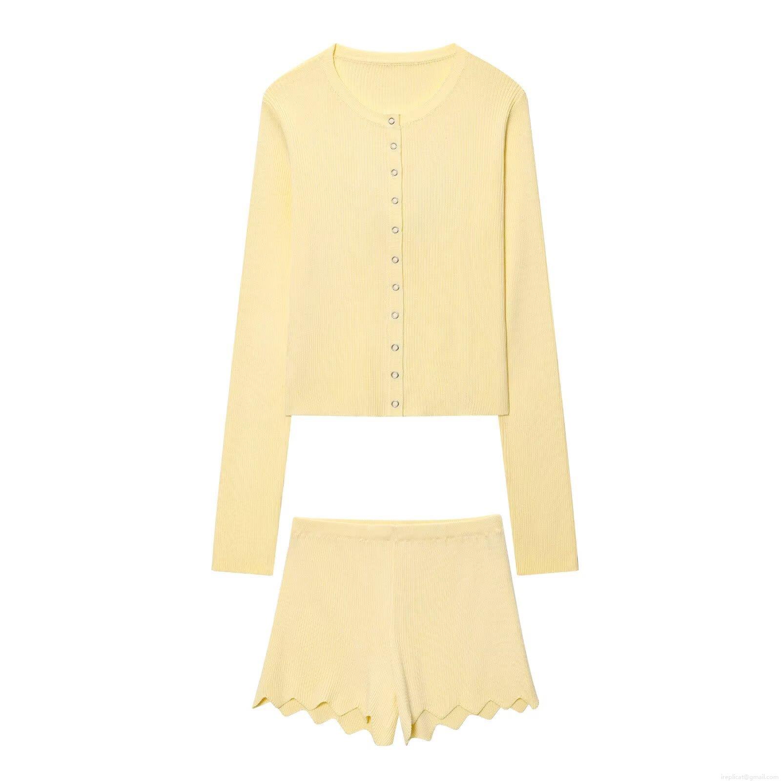 Women's Casual Ribbed Knit Two Piece Set Single Breasted Long Sleeve Cardigan Top And Scalloped Edge Shorts 100% Polyester Loungewear Set For Summer Daily Wear Women's Casual Ribbed Knit Two Piece Set Single Breasted Long Sleeve Cardigan Top And Scalloped Edge Shorts 100% Polyester Loungewear Set For Summer Daily Wear