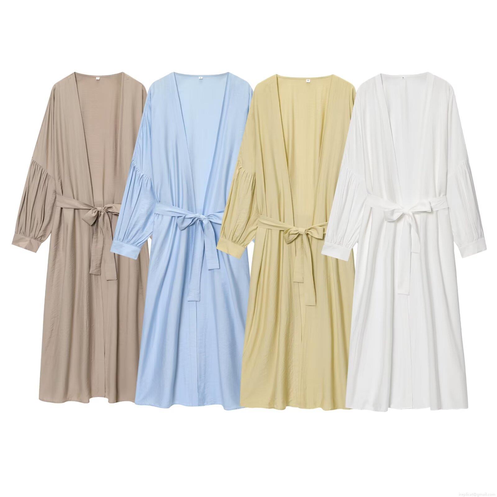 Women Summer Casual Bathrobe Style Lounge Set Loose Long Sleeve Belted Top And Drawstring Shorts 2-Piece Set Polyester Spandex Solid Color Home Wear Women Summer Casual Bathrobe Style Lounge Set Loose Long Sleeve Belted Top And Drawstring Shorts 2-Piece Set Polyester Spandex Solid Color Home Wear