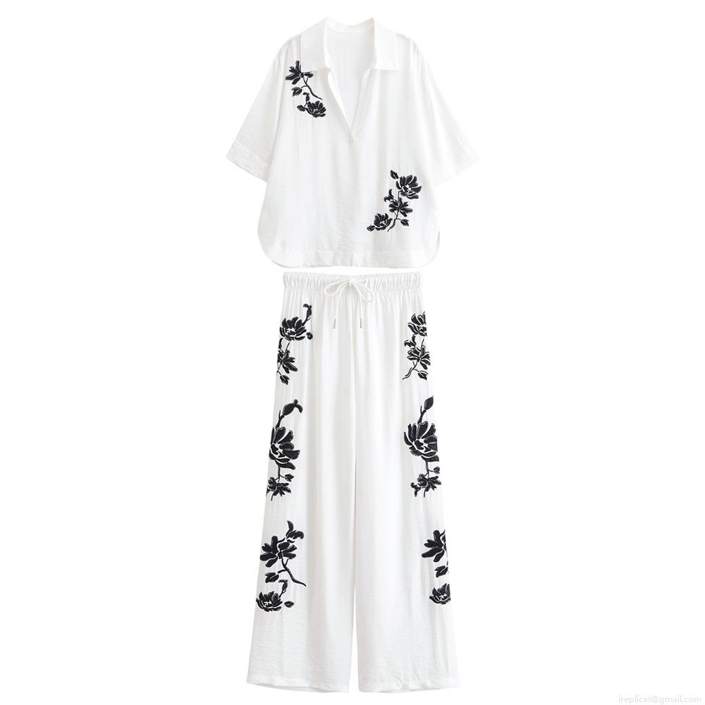 Women's Casual Two Piece Set Floral Embroidered Short Sleeve V Neck Shirt And High Waist Drawstring Wide Leg Pants 100% Polyester Summer Breathable Leisure Outfits For Women Women's Casual Two Piece Set Floral Embroidered Short Sleeve V Neck Shirt And High Waist Drawstring Wide Leg Pants 100% Polyester Summer Breathable Leisure Outfits For Women