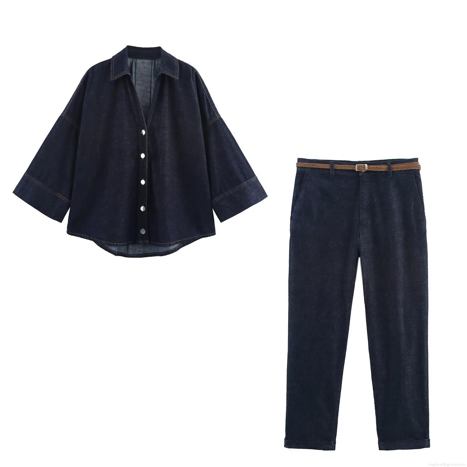 Women's Fashion Denim 2-Piece Set Wide Sleeve Button Down Shirt And High Waist Jeans With Woven Belt Dark Blue Casual Outfit For Women Daily Wear Women's Fashion Denim 2-Piece Set Wide Sleeve Button Down Shirt And High Waist Jeans With Woven Belt Dark Blue Casual Outfit For Women Daily Wear