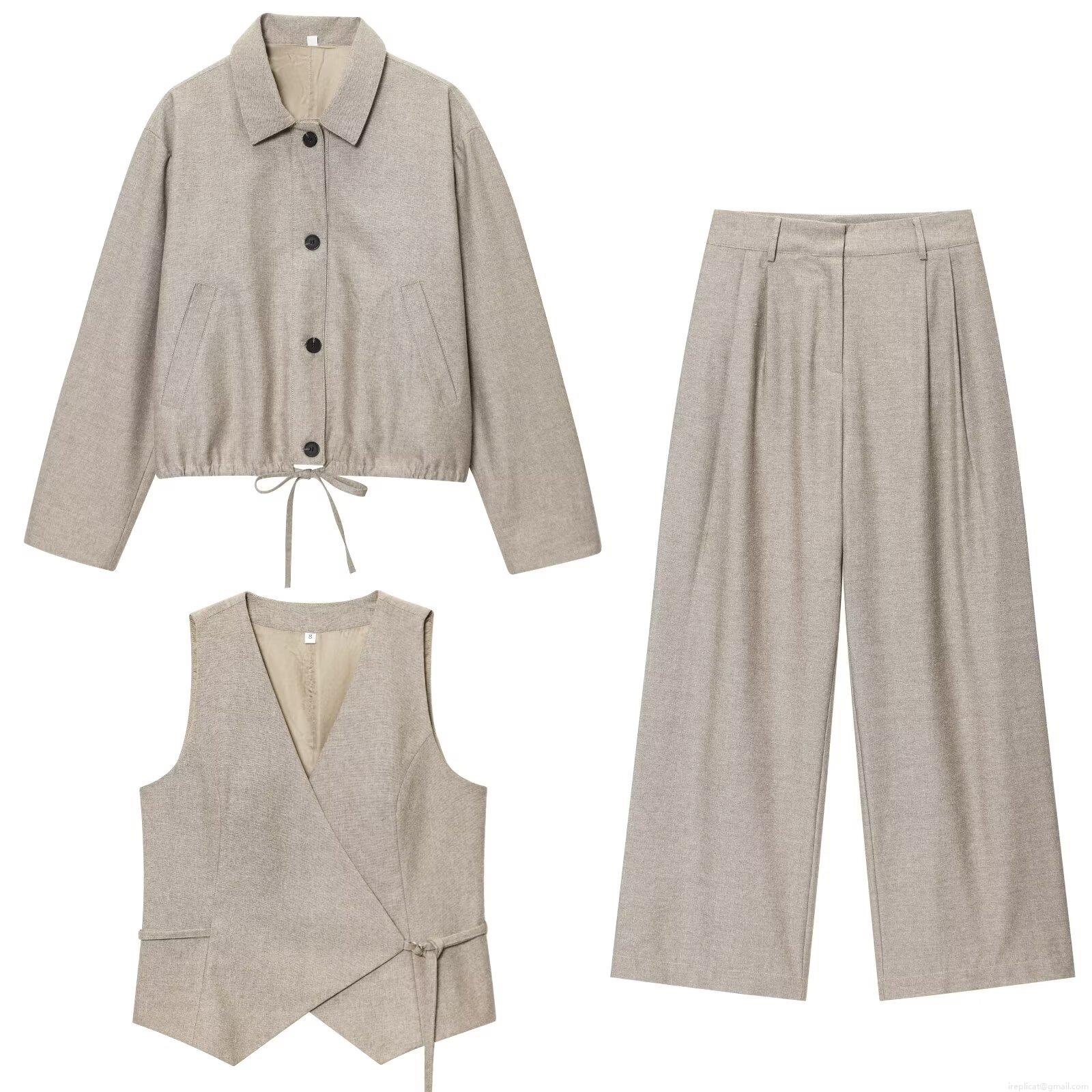 Women's 3-Piece Summer Fashion Set Casual Cotton Linen Blend Lapel Jacket V-Neck Wrap Vest High Waist Wide Leg Trousers Minimalist Oatmeal Beige Outfit For Office Daily Travel Women Women's 3-Piece Summer Fashion Set Casual Cotton Linen Blend Lapel Jacket V-Neck Wrap Vest High Waist Wide Leg Trousers Minimalist Oatmeal Beige Outfit For Office Daily Travel Women