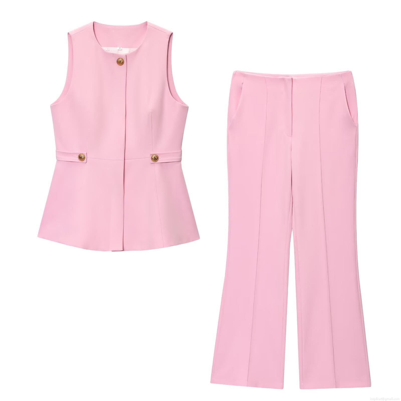Women's Pink Two Piece Set Sleeveless Peplum Vest Top With Gold Buttons And High Waisted Flare Leg Pants Elegant Commute Summer Slim Suit For Lady Women's Pink Two Piece Set Sleeveless Peplum Vest Top With Gold Buttons And High Waisted Flare Leg Pants Elegant Commute Summer Slim Suit For Lady
