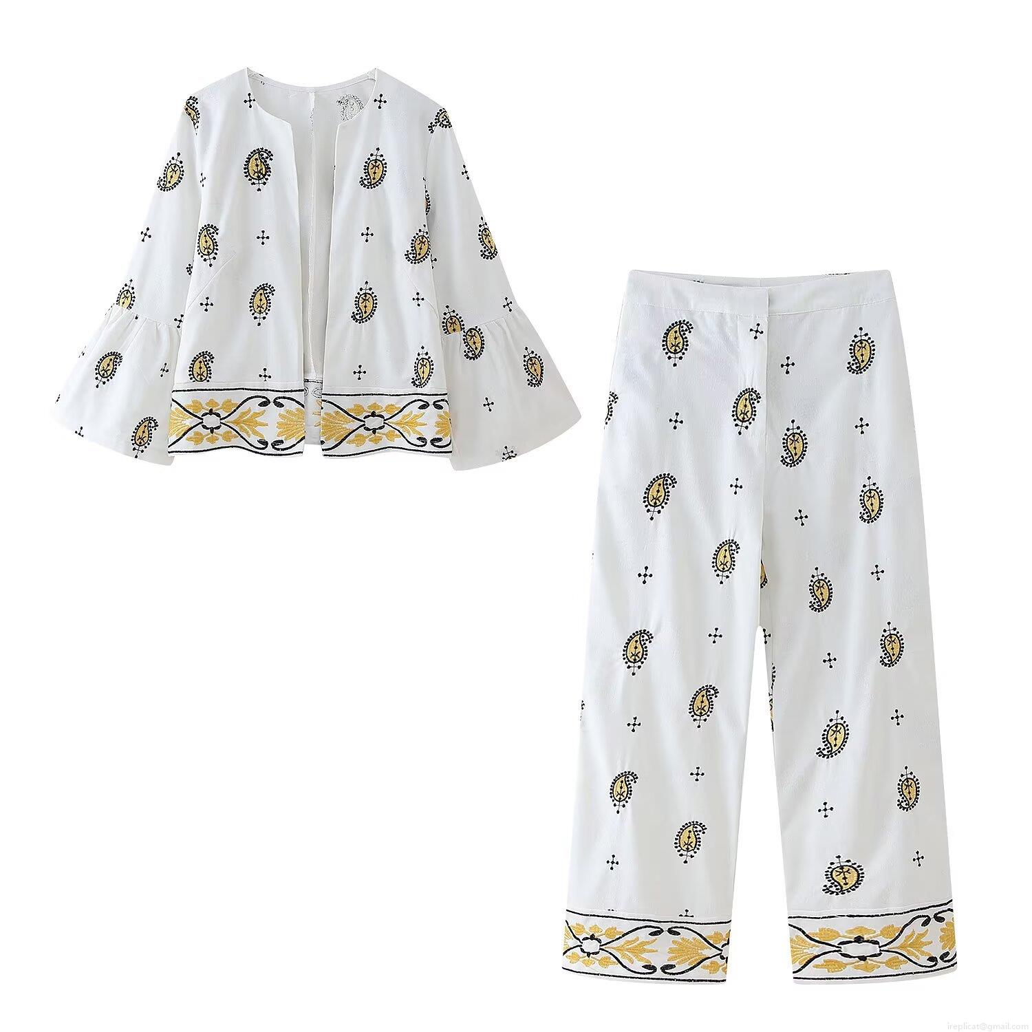 Bohemian Women's Two Piece Set White Polyester Paisley Embroidered Open Jacket Flare Sleeve Top And Wide Leg Pants Set For Casual Travel Party