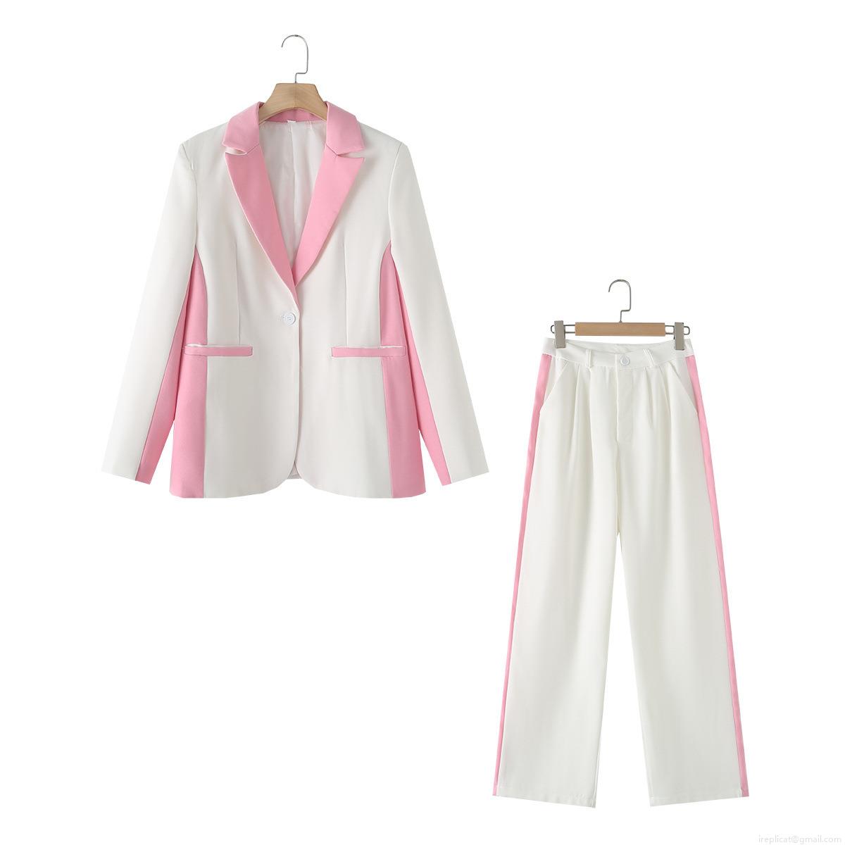 Women's 2-Piece Fashion Suit Set Contrast Color Stitching Blazer and Wide Leg Pants Professional Business Office Commuter Outfits Long Sleeve Single Button Jacket High Waist Trouser Set Women's 2-Piece Fashion Suit Set Contrast Color Stitching Blazer and Wide Leg Pants Professional Business Office Commuter Outfits Long Sleeve Single Button Jacket High Waist Trouser Set
