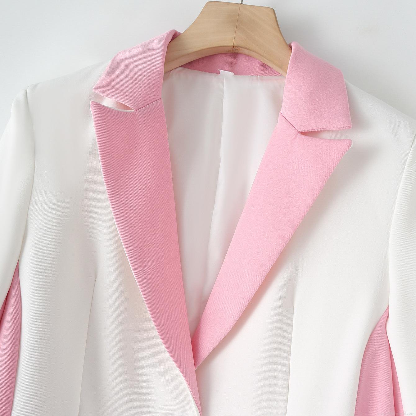 Women\'s 2-Piece Fashion Suit Set Contrast Color Stitching Blazer and Wide Leg Pants Professional Business Office Commuter Outfits Long Sleeve Single Button Jacket High Waist Trouser Set
