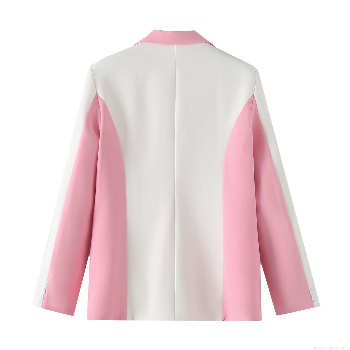 Women\'s 2-Piece Fashion Suit Set Contrast Color Stitching Blazer and Wide Leg Pants Professional Business Office Commuter Outfits Long Sleeve Single Button Jacket High Waist Trouser Set