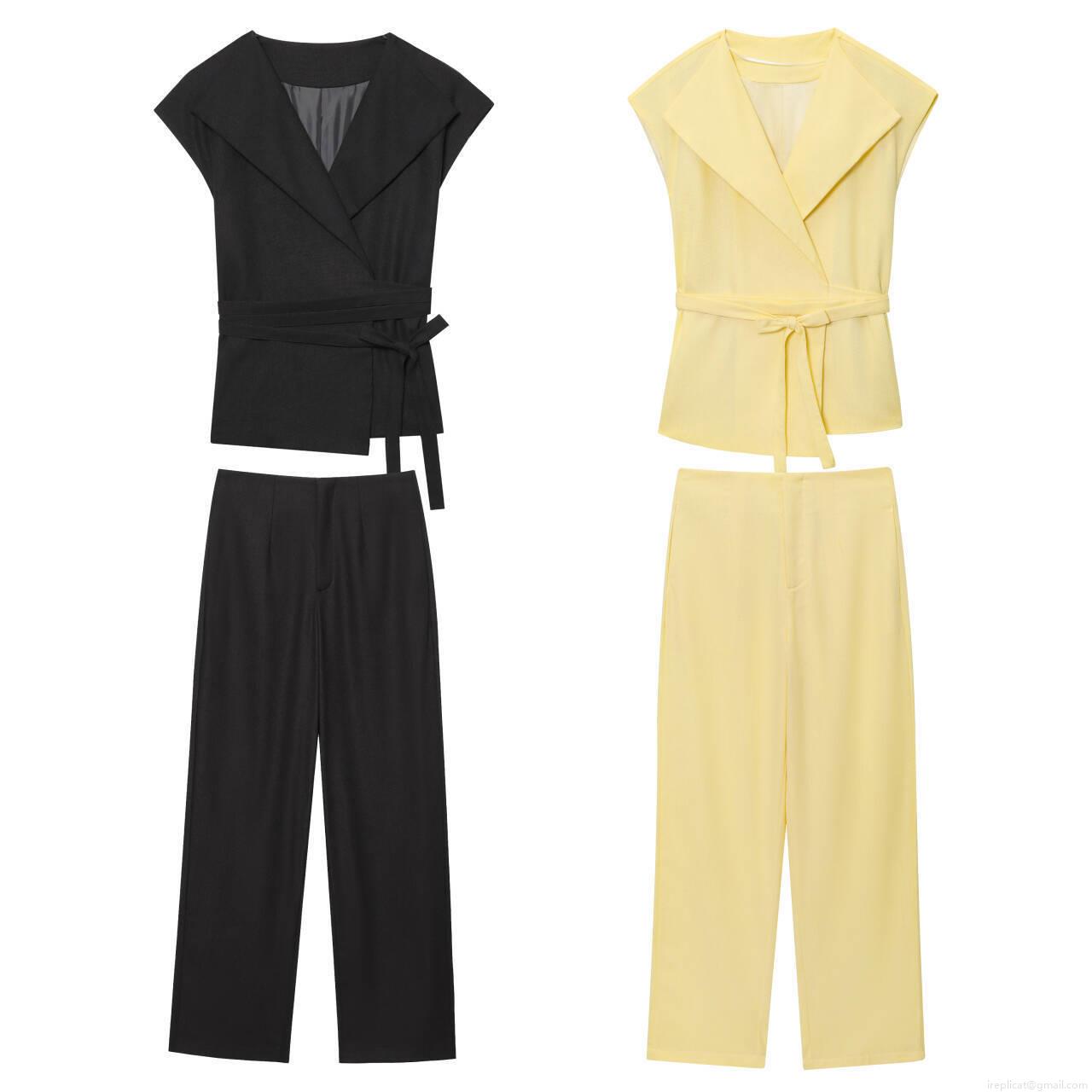 Women's Fashion Sleeveless V-Neck Tie-Waist Vest And Wide-Leg Pants Two-Piece Set Casual Solid Color Polyester Linen Summer Outfit For Daily Office Wear Women's Fashion Sleeveless V-Neck Tie-Waist Vest And Wide-Leg Pants Two-Piece Set Casual Solid Color Polyester Linen Summer Outfit For Daily Office Wear