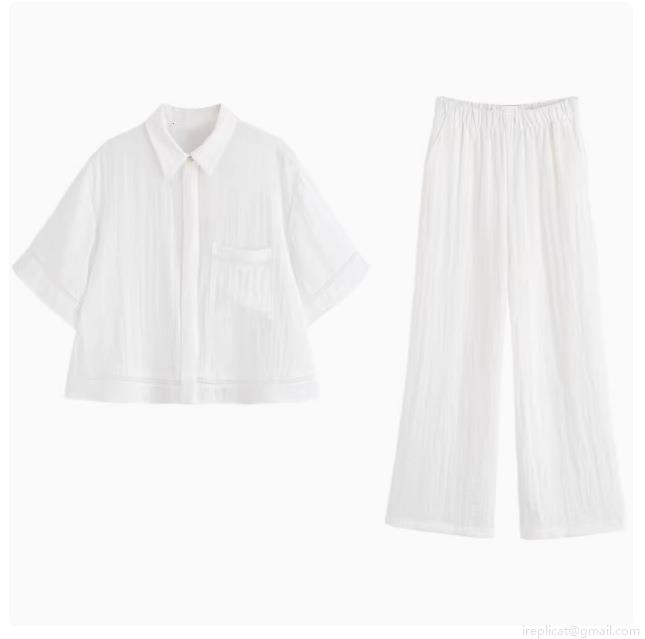 Women's Summer White Two Piece Set Casual Short Sleeve Lapel Button Shirt With Lace Trim And High Waist Wide Leg Pants Breathable Polyester Spandex Co-ord Suit Women's Summer White Two Piece Set Casual Short Sleeve Lapel Button Shirt With Lace Trim And High Waist Wide Leg Pants Breathable Polyester Spandex Co-ord Suit