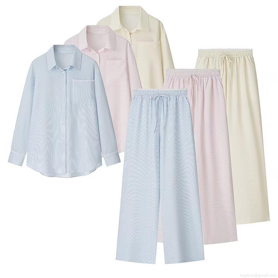 Women's Casual Striped Pajama Set With Lace Trim Long Sleeve Button Down Shirt And Wide Leg Pants Polyester Spandex Loose Fit Loungewear Two Piece Set Women's Casual Striped Pajama Set With Lace Trim Long Sleeve Button Down Shirt And Wide Leg Pants Polyester Spandex Loose Fit Loungewear Two Piece Set
