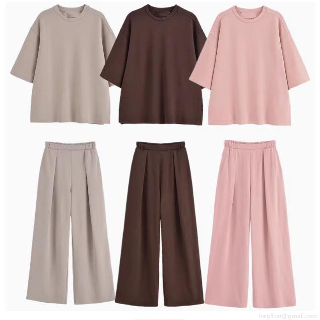 Women's 2025 Summer Casual Loose T-Shirt and Wide Leg Pants Set Solid Color Round Neck Short Sleeve Top High Waist Trousers Lounge Wear Outfits Women's 2025 Summer Casual Loose T-Shirt and Wide Leg Pants Set Solid Color Round Neck Short Sleeve Top High Waist Trousers Lounge Wear Outfits