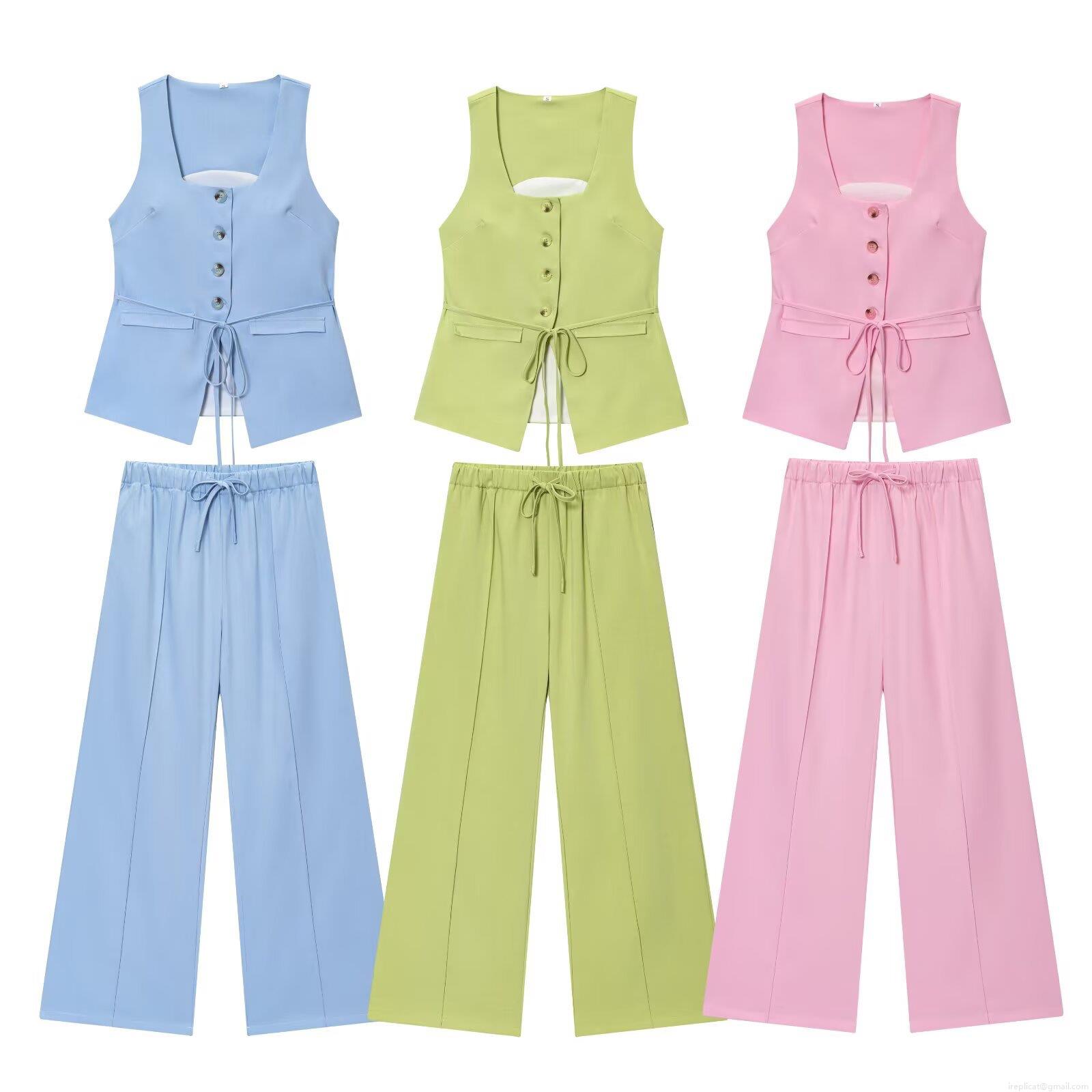 Women's Summer Fashion Square Neck Tie-Waist Vest and Wide-Leg Pants Set Elegant Sleeveless Top and Drawstring Trousers Two Piece Outfits for Women Casual Suits Women's Summer Fashion Square Neck Tie-Waist Vest and Wide-Leg Pants Set Elegant Sleeveless Top and Drawstring Trousers Two Piece Outfits for Women Casual Suits