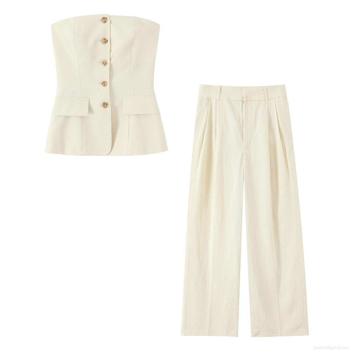 Women's Elegant Summer Two Piece Set Off White Strapless Tube Top with Buttons and High Waisted Wide Leg Trousers Casual Commuter Polyester Spandex Outfit Women's Elegant Summer Two Piece Set Off White Strapless Tube Top with Buttons and High Waisted Wide Leg Trousers Casual Commuter Polyester Spandex Outfit