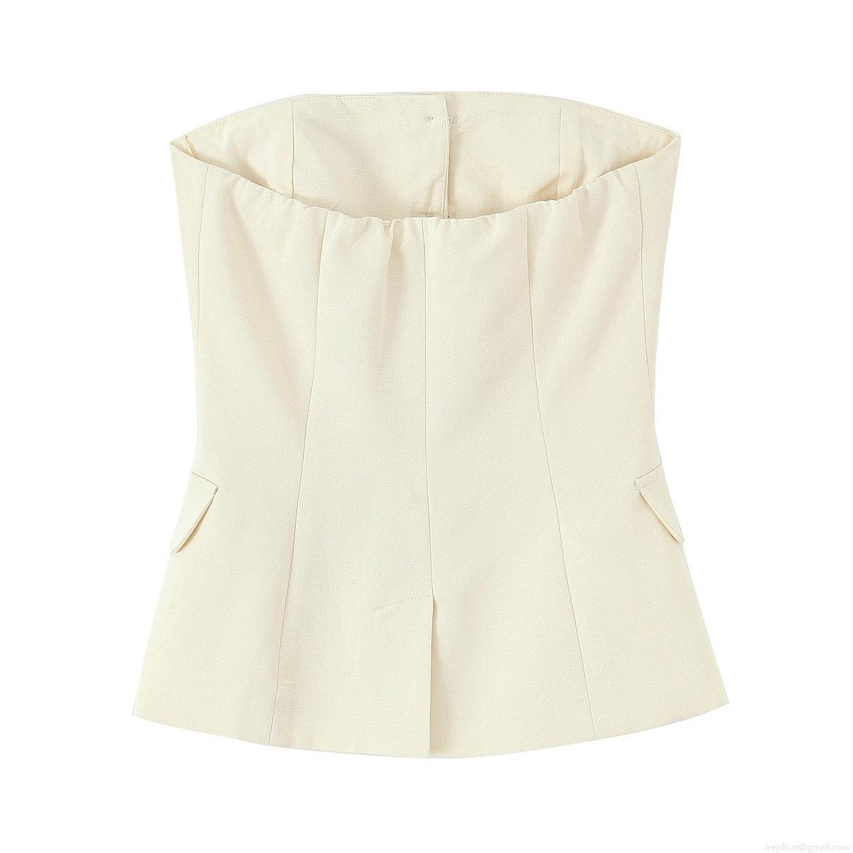 Women\'s Elegant Summer Two Piece Set Off White Strapless Tube Top with Buttons and High Waisted Wide Leg Trousers Casual Commuter Polyester Spandex Outfit