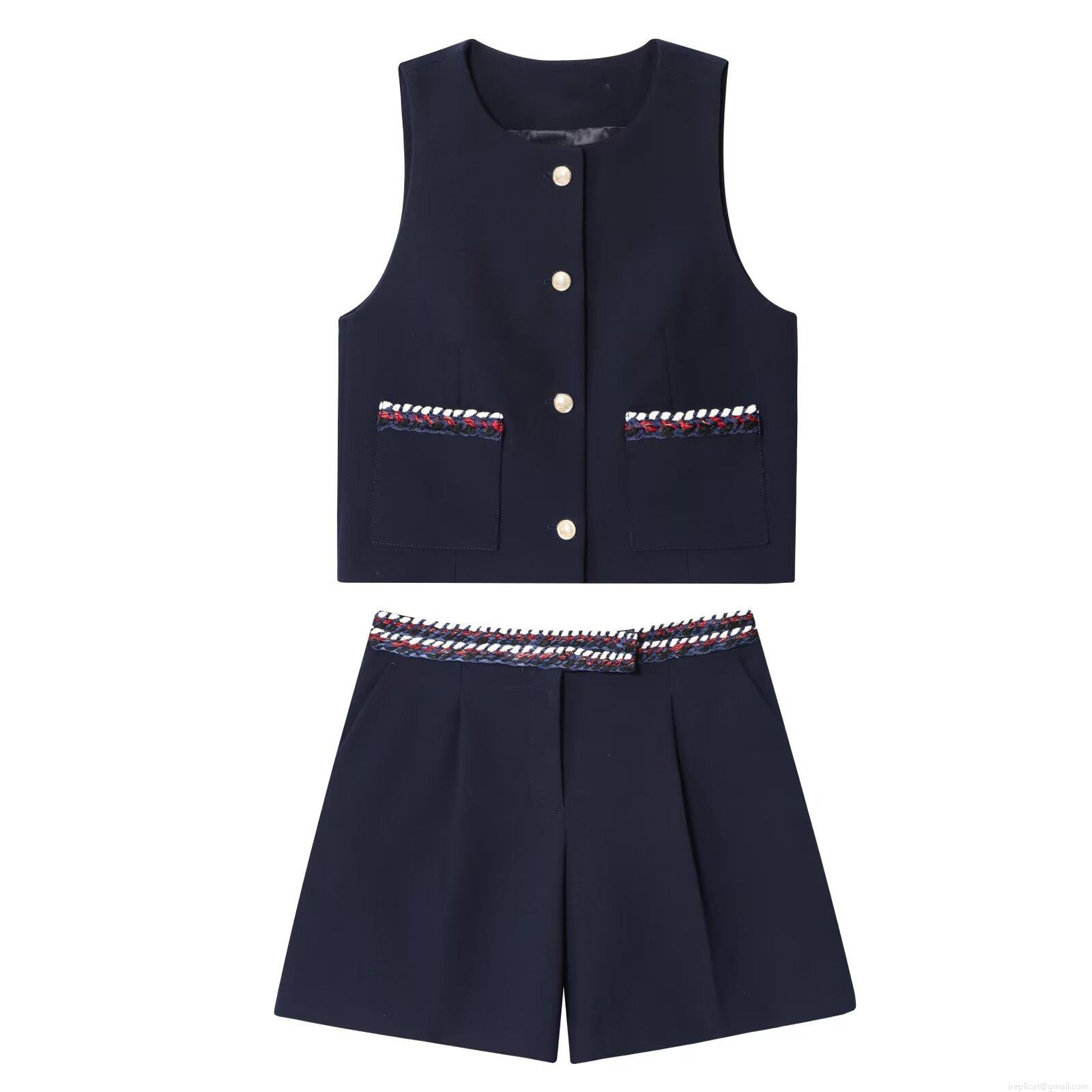 Women Elegant Navy Blue Tweed Style Vest and Shorts Set Summer Sleeveless Round Neck Top with Gold Buttons and Braided Trim High Waist Casual Shorts Co-ords For Women Women Elegant Navy Blue Tweed Style Vest and Shorts Set Summer Sleeveless Round Neck Top with Gold Buttons and Braided Trim High Waist Casual Shorts Co-ords For Women