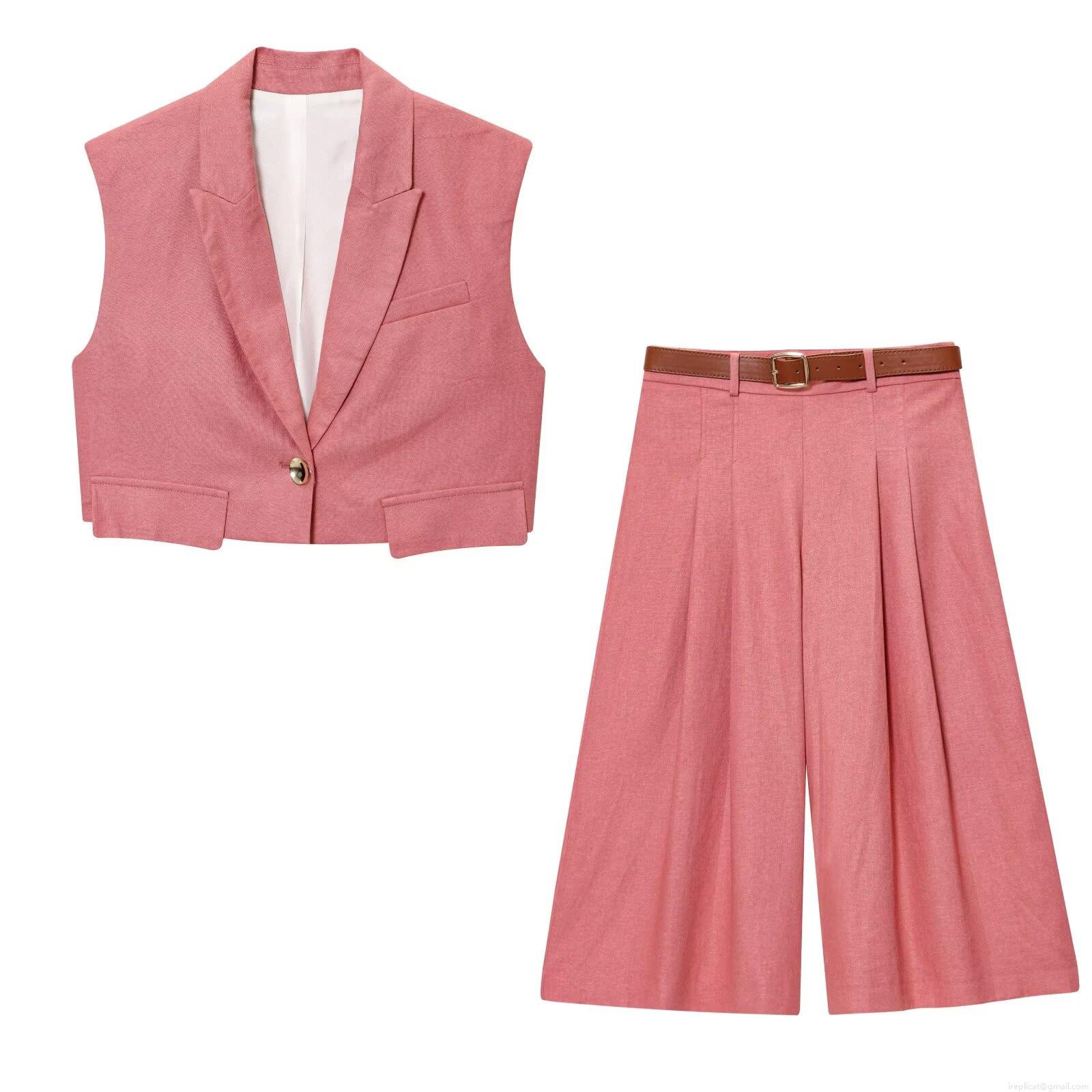 Women's Summer 2 Piece Set Pink Sleeveless Single Button Waistcoat and High Waist Wide Leg Pants with Belt Chic Casual Office Outfit for Women Women's Summer 2 Piece Set Pink Sleeveless Single Button Waistcoat and High Waist Wide Leg Pants with Belt Chic Casual Office Outfit for Women