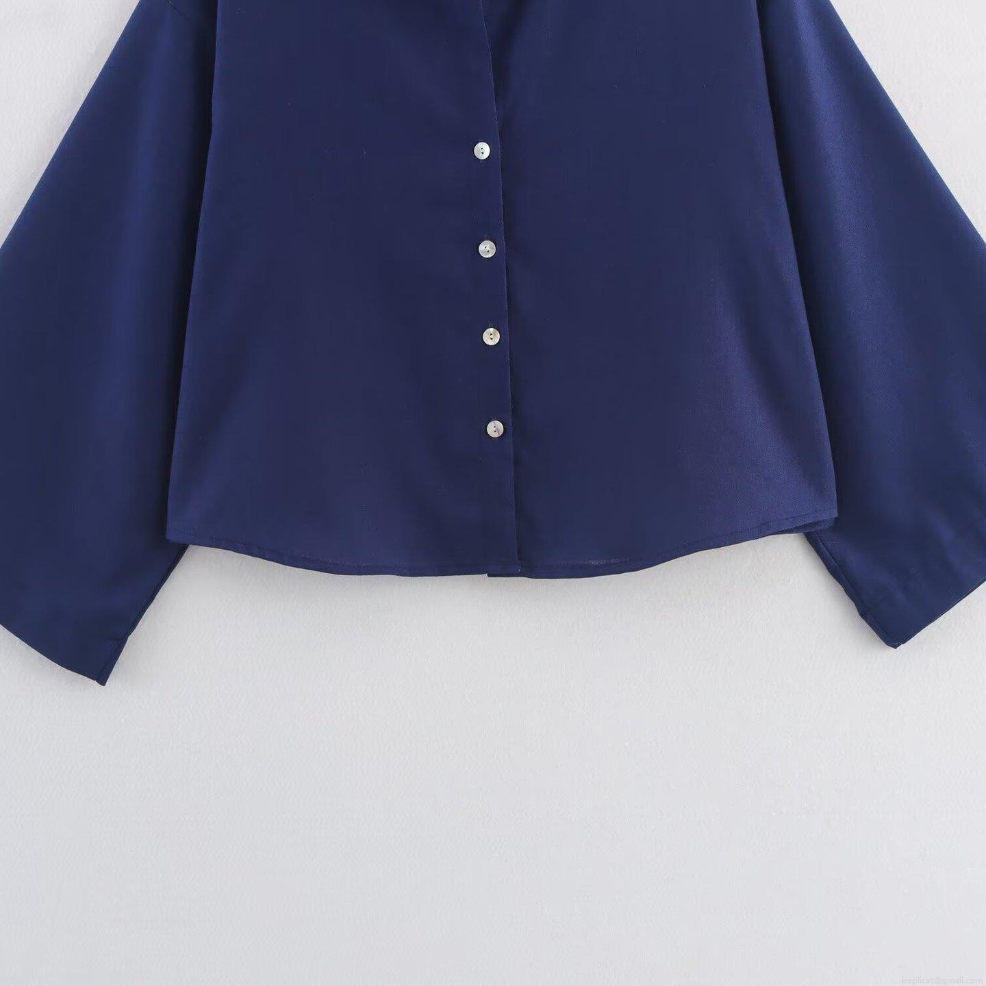 Women\'s Casual Linen Blend Two Piece Set Navy Blue Lapel Button Down Shirt And Elastic Waist Wide Leg Cropped Pants Loungewear Outfit