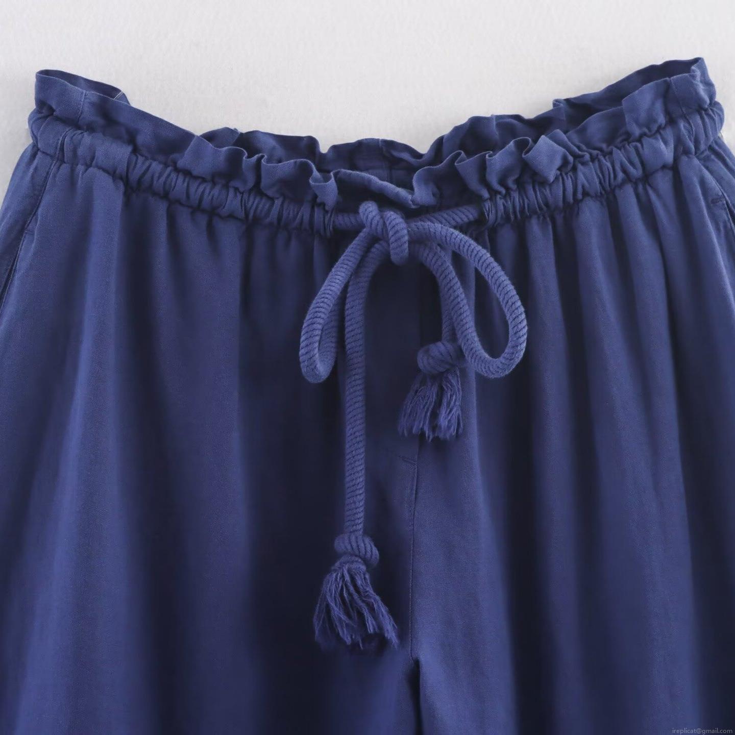 Women\'s Casual Linen Blend Two Piece Set Navy Blue Lapel Button Down Shirt And Elastic Waist Wide Leg Cropped Pants Loungewear Outfit