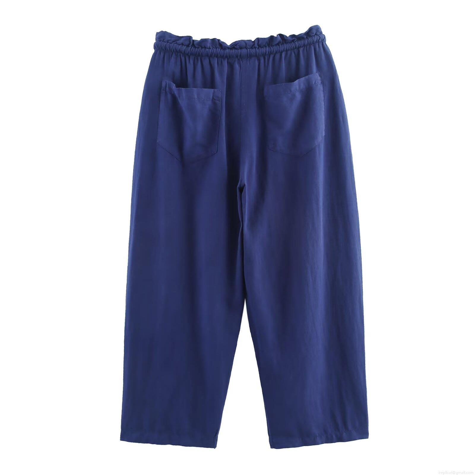 Women\'s Casual Linen Blend Two Piece Set Navy Blue Lapel Button Down Shirt And Elastic Waist Wide Leg Cropped Pants Loungewear Outfit