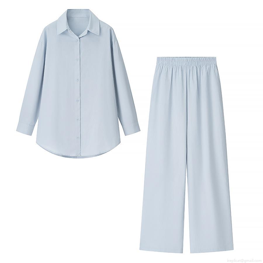 Women\'s Casual Light Blue Cotton Linen Blend Two Piece Set Long Sleeve Button Down Shirt And High Waist Wide Leg Long Pants Lounge Outfits For Women Women\'s Casual Light Blue Cotton Linen Blend Two Piece Set Long Sleeve Button Down Shirt And High Waist Wide Leg Long Pants Lounge Outfits For Women