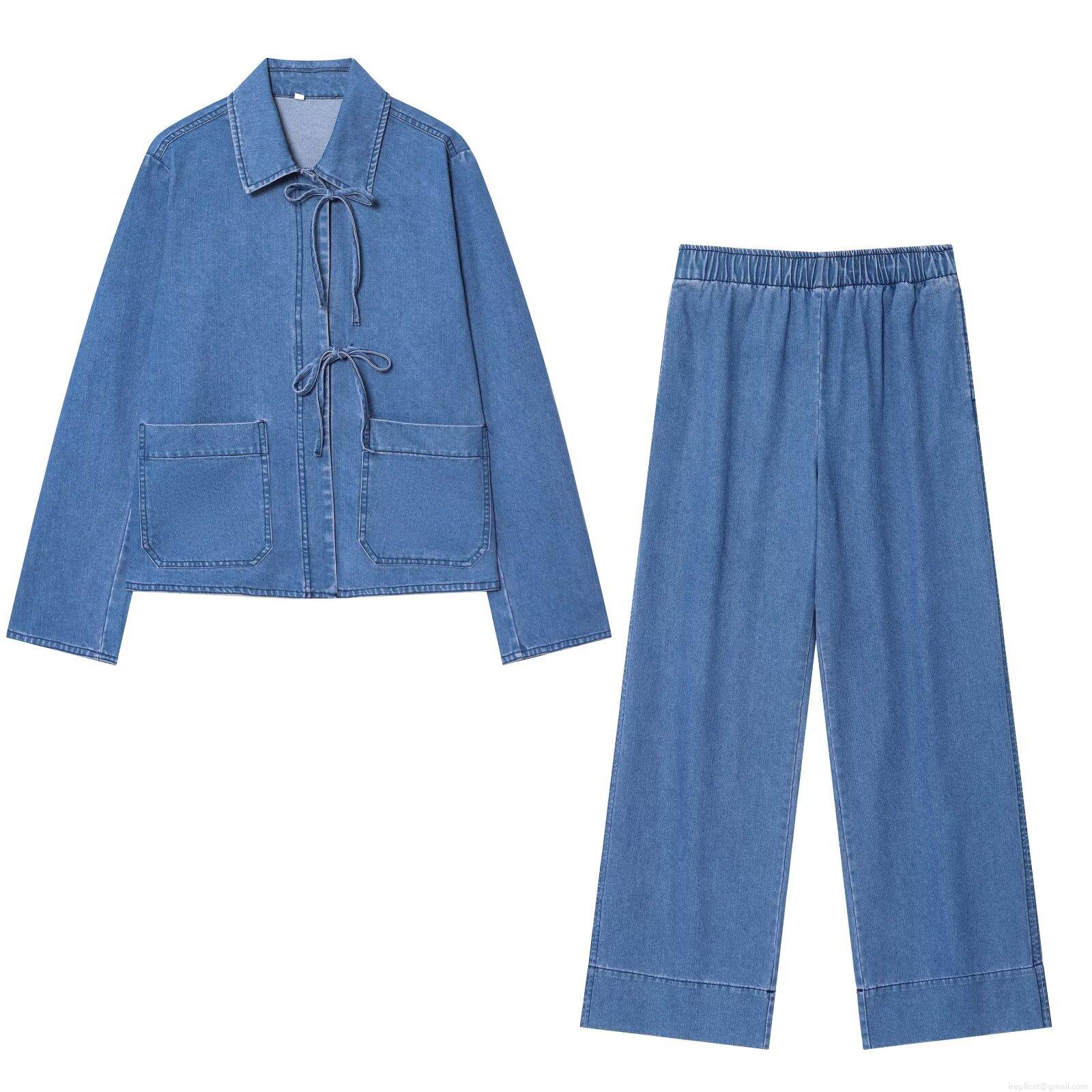 Women's Denim Two Piece Set Long Sleeve Tie Front Jacket And High Waist Wide Leg Pants Casual Streetwear Fashion Outfits For Women Blue Color Women's Denim Two Piece Set Long Sleeve Tie Front Jacket And High Waist Wide Leg Pants Casual Streetwear Fashion Outfits For Women Blue Color