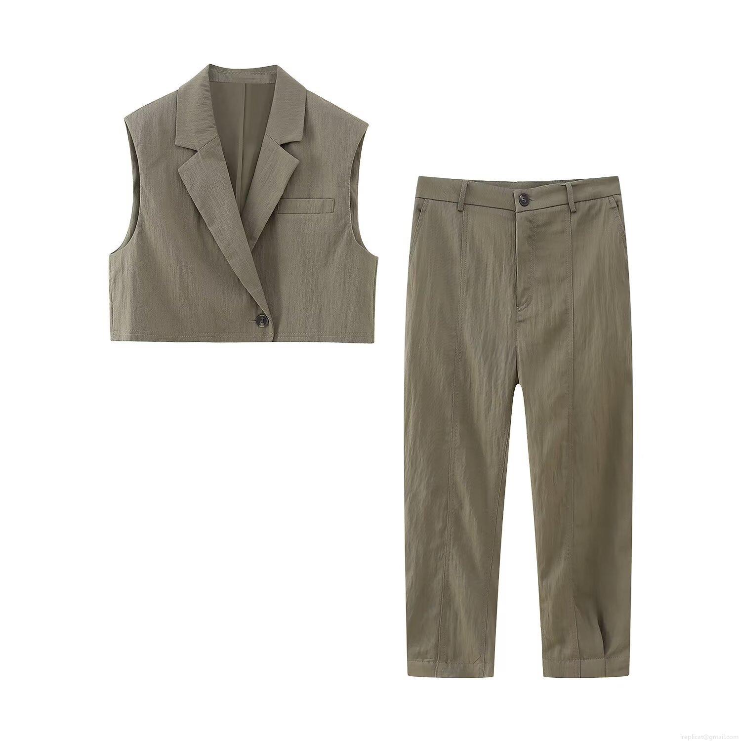 Women Casual 100% Polyester Short Waistcoat Vest And Straight Leg Pants Suit Set Solid Color Notch Lapel Sleeveless Top Fashion Trousers Outfit