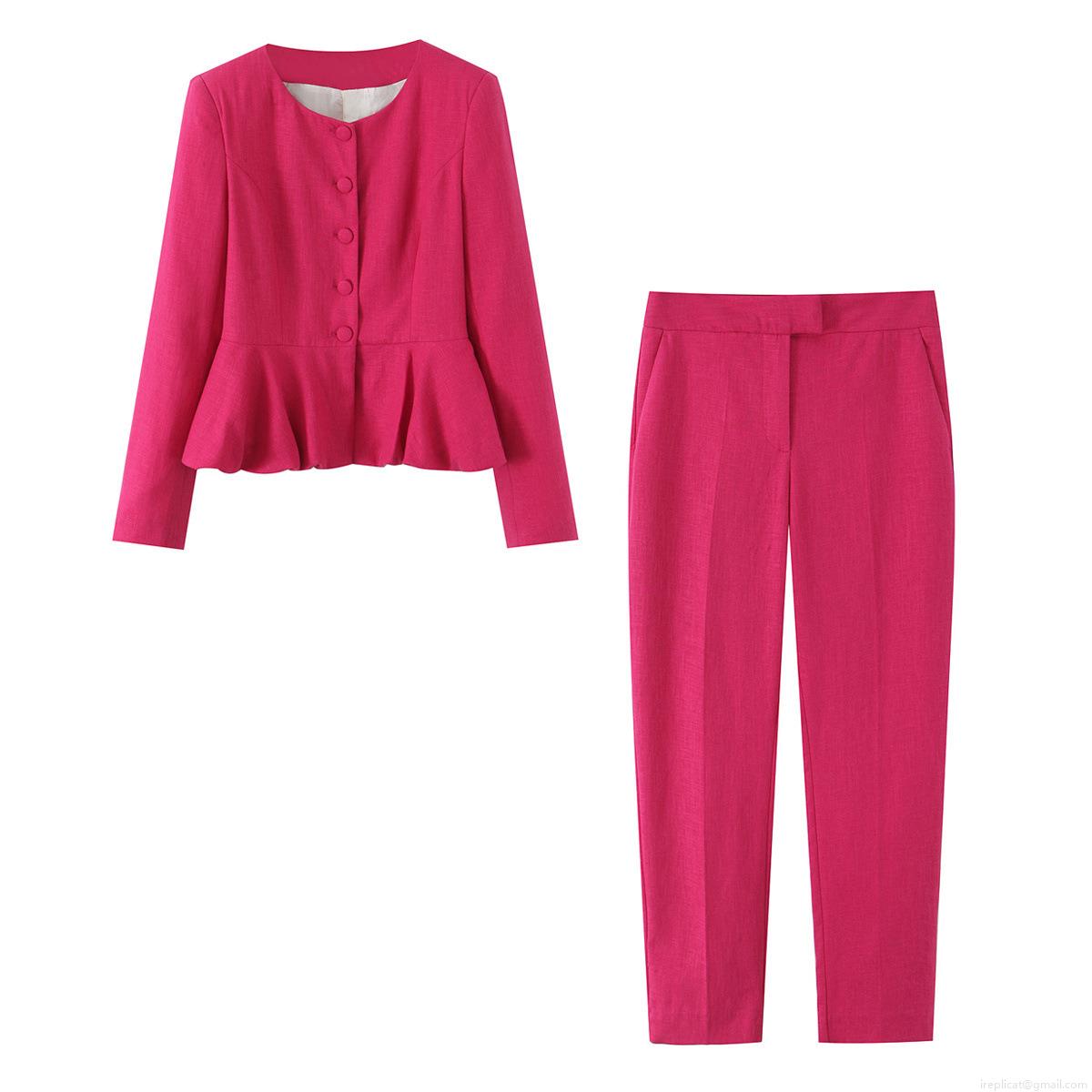 Women Rose Pink Peplum Blazer And Straight Pants Set Elegant Cotton Linen Texture Long Sleeve Round Neck Business Suits For Office Party Women Rose Pink Peplum Blazer And Straight Pants Set Elegant Cotton Linen Texture Long Sleeve Round Neck Business Suits For Office Party