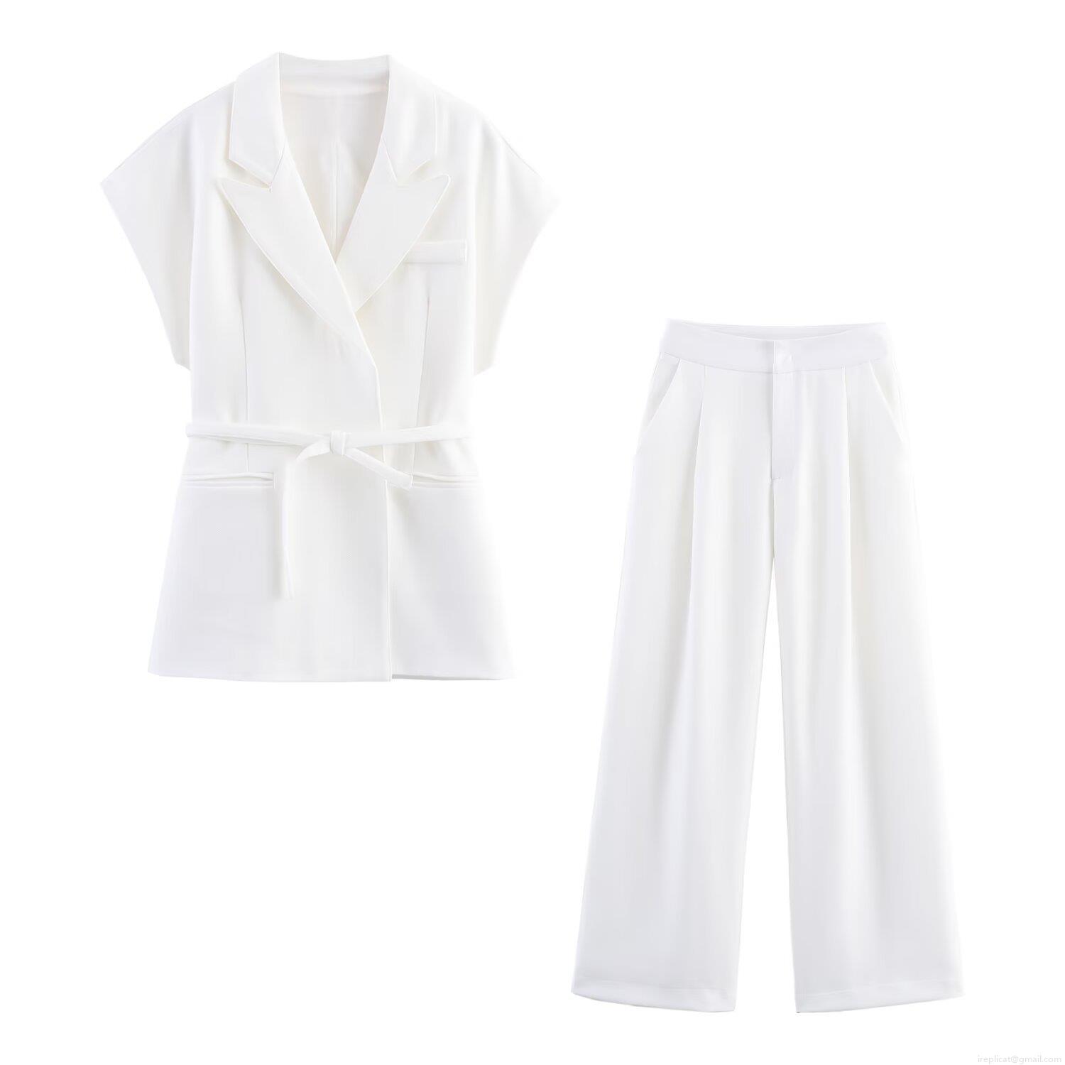 Women's Linen Blend Vest And Trousers Set Double-Breasted Belted Waistcoat With High Waist Wide Leg Pants Two Piece Outfits For Office Commuter Casual White Women's Linen Blend Vest And Trousers Set Double-Breasted Belted Waistcoat With High Waist Wide Leg Pants Two Piece Outfits For Office Commuter Casual White