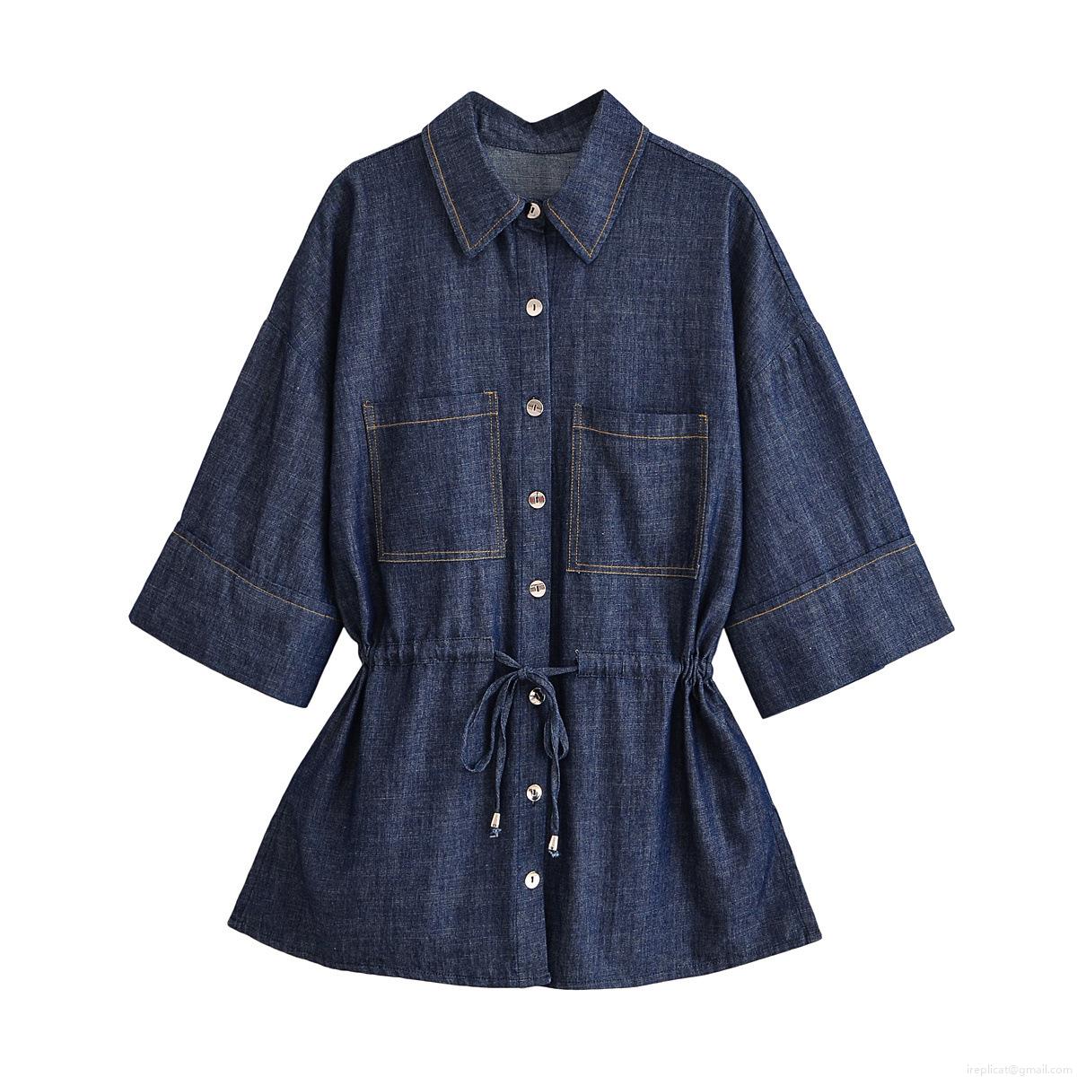 Women's Denim Look Short Sleeve Drawstring Waist Shirt And High Waist Wide Leg Pants Casual Two Piece Set Solid Color Polyester Summer Fashion Suit Women's Denim Look Short Sleeve Drawstring Waist Shirt And High Waist Wide Leg Pants Casual Two Piece Set Solid Color Polyester Summer Fashion Suit