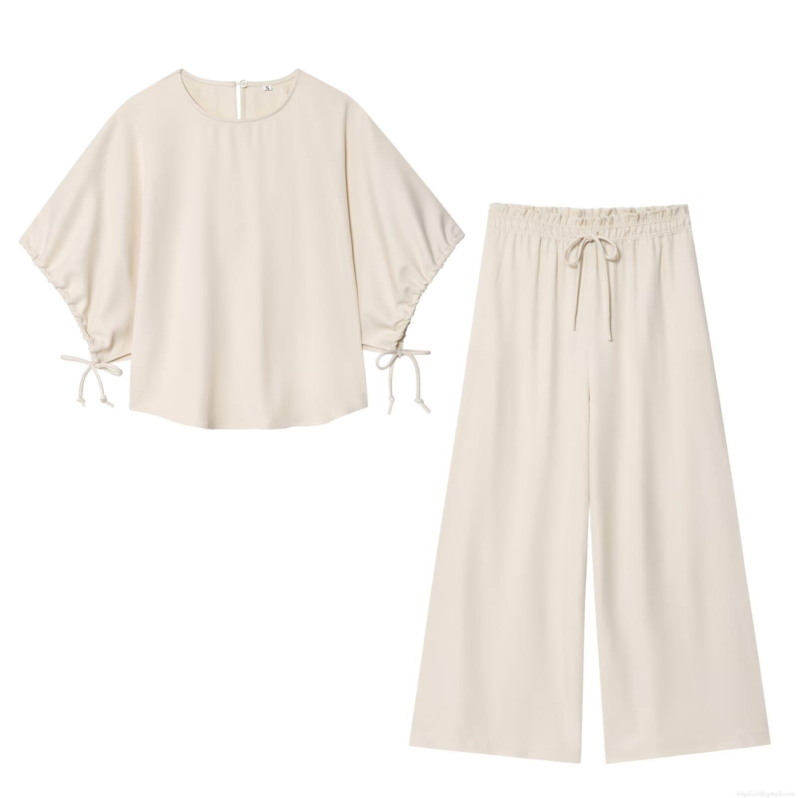 Women's Casual Summer Two Piece Set Puff Sleeve Short Sleeve Blouse Top And High Waist Drawstring Wide Leg Pants Solid Color Polyester Loungewear Outfit Streetwear For Women