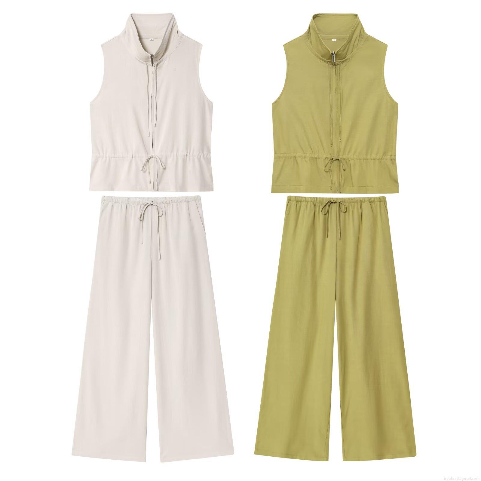 Women's 2-Piece Casual Outfits Set Sleeveless Stand Collar Zipper Vest And Drawstring High Waist Wide Leg Pants Solid Color Summer Fashion Streetwear For Ladies Women's 2-Piece Casual Outfits Set Sleeveless Stand Collar Zipper Vest And Drawstring High Waist Wide Leg Pants Solid Color Summer Fashion Streetwear For Ladies