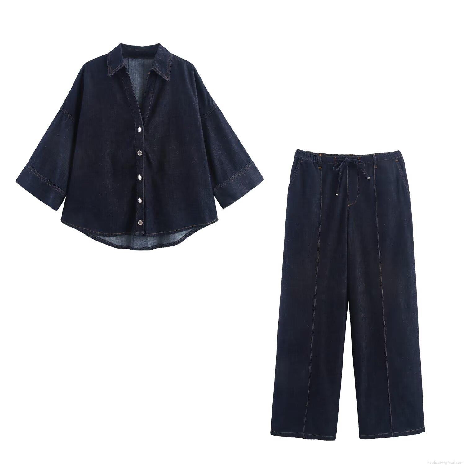 Women Loose Denim Two Piece Set Short Sleeve Shirt And Wide Leg Pants Casual Cotton Blend Indigo Outfit With Contrast Stitching For Ladies Women Loose Denim Two Piece Set Short Sleeve Shirt And Wide Leg Pants Casual Cotton Blend Indigo Outfit With Contrast Stitching For Ladies
