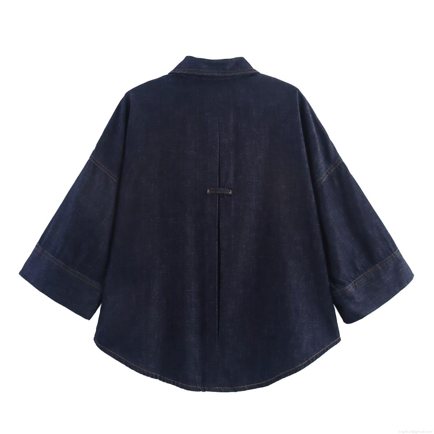 Women Loose Denim Two Piece Set Short Sleeve Shirt And Wide Leg Pants Casual Cotton Blend Indigo Outfit With Contrast Stitching For Ladies