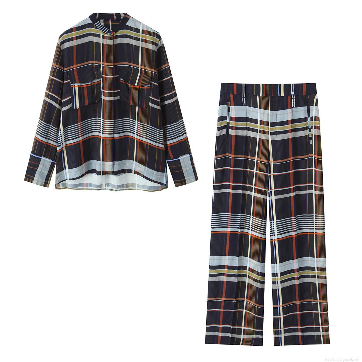 Women\'s Plaid Casual Shirt and Wide Leg Pants Two Piece Set Long Sleeve Stand Collar Pocket Tartan Polyester Spandex Outfit For Daily Streetwear Leisure Women\'s Plaid Casual Shirt and Wide Leg Pants Two Piece Set Long Sleeve Stand Collar Pocket Tartan Polyester Spandex Outfit For Daily Streetwear Leisure