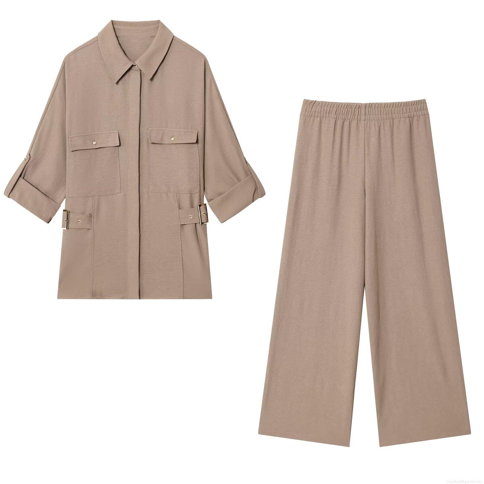 Women Fashion Ice Cotton Utility Two Piece Set Solid Color Shirt And Wide Leg Pants Casual Workwear Outfit With Metal Buckles Women Fashion Ice Cotton Utility Two Piece Set Solid Color Shirt And Wide Leg Pants Casual Workwear Outfit With Metal Buckles